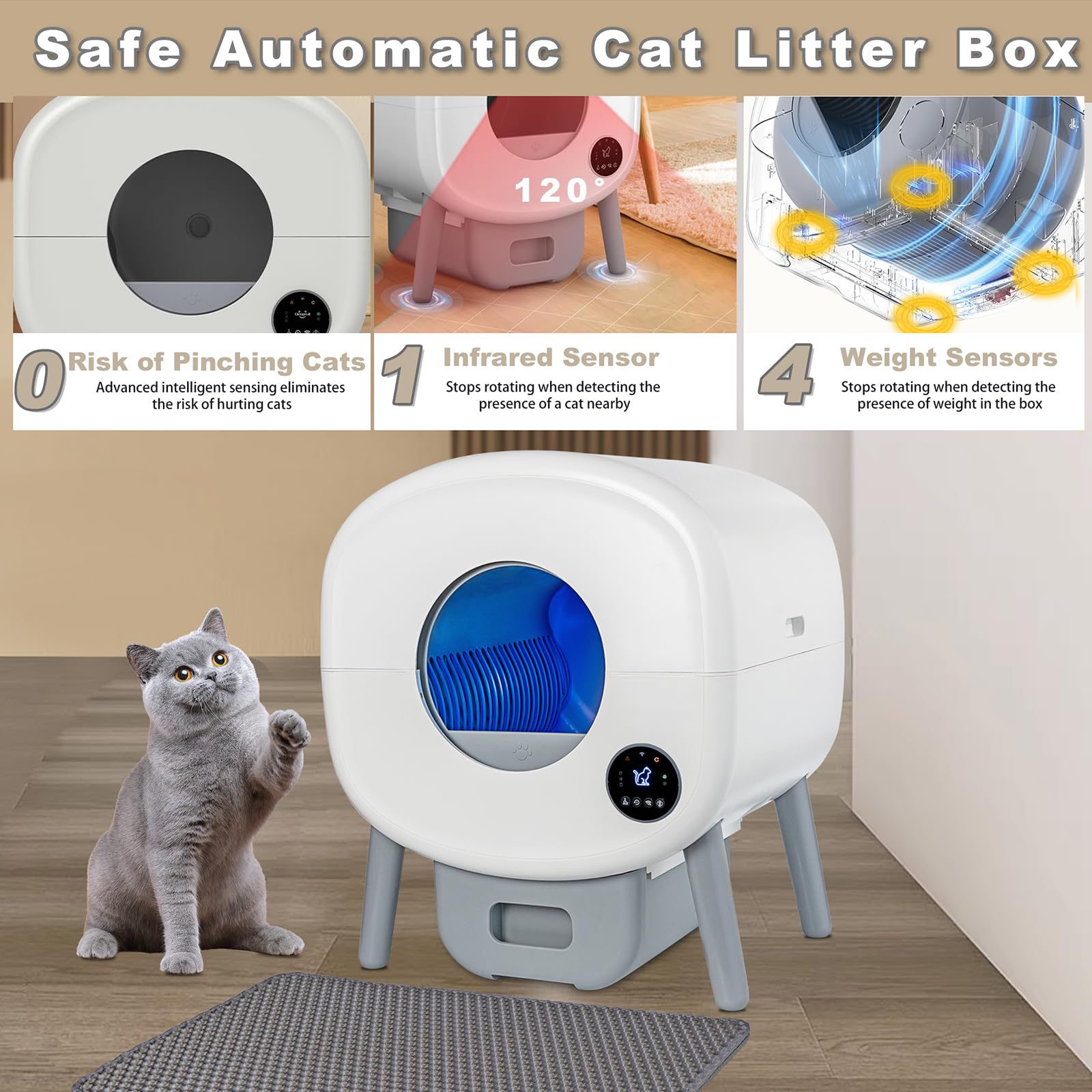 Self Cleaning Cat Litter Box - 100L Automatic Kitty Litter Box for Multiple Cats with Built-in Ambient Light, Double Odor Removal & Safety Protection, App Control - Includes 2 Rolls Liners Bags & Mat - Perfect for Busy Pet Owners & Multi-Cat Households