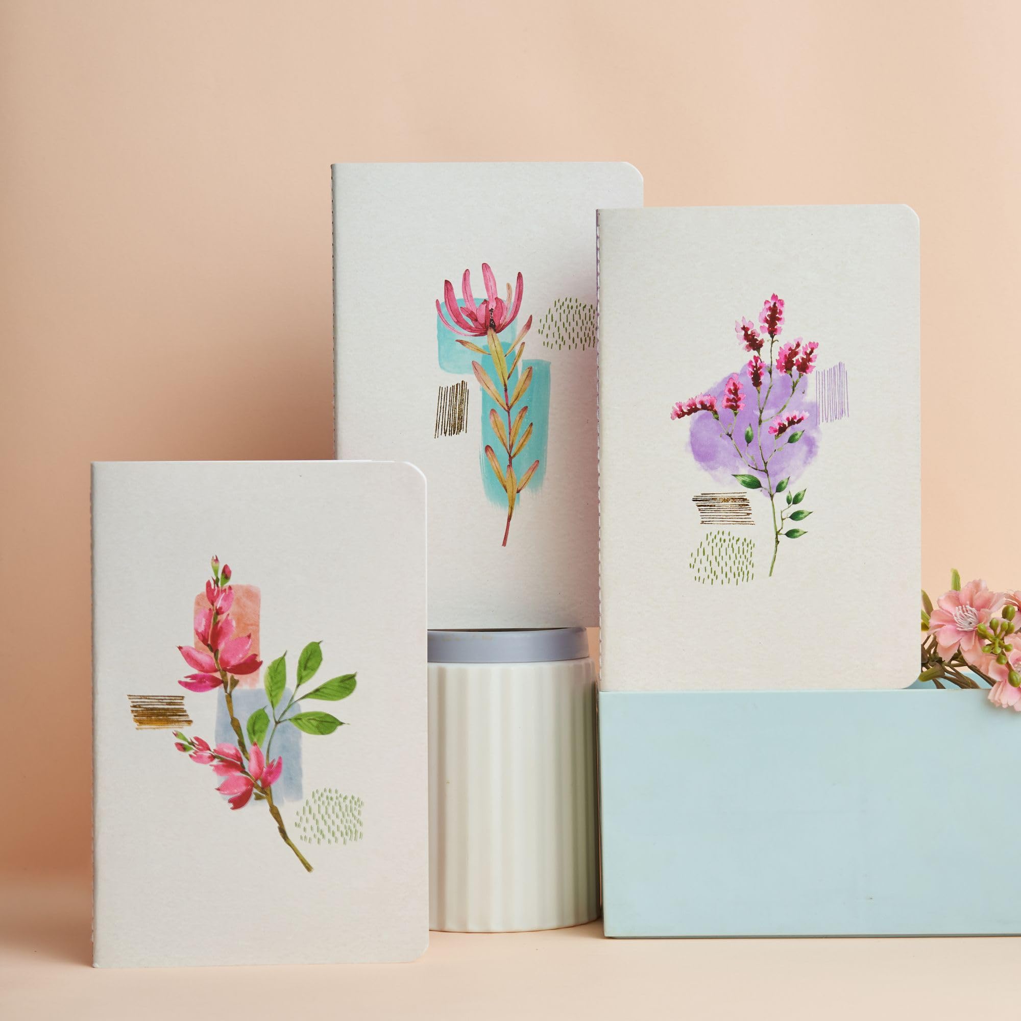 DOODLE Pastel Petals 3-Pack Softbound B6 Undated Notebook Set - 2 Ruled & 1 Blank Diary | 7x4.75 Inches, 64 Pages Each | Perfect for Journaling, Note-Taking, Drawing & Gift Giving | School, Office & Travel Essential