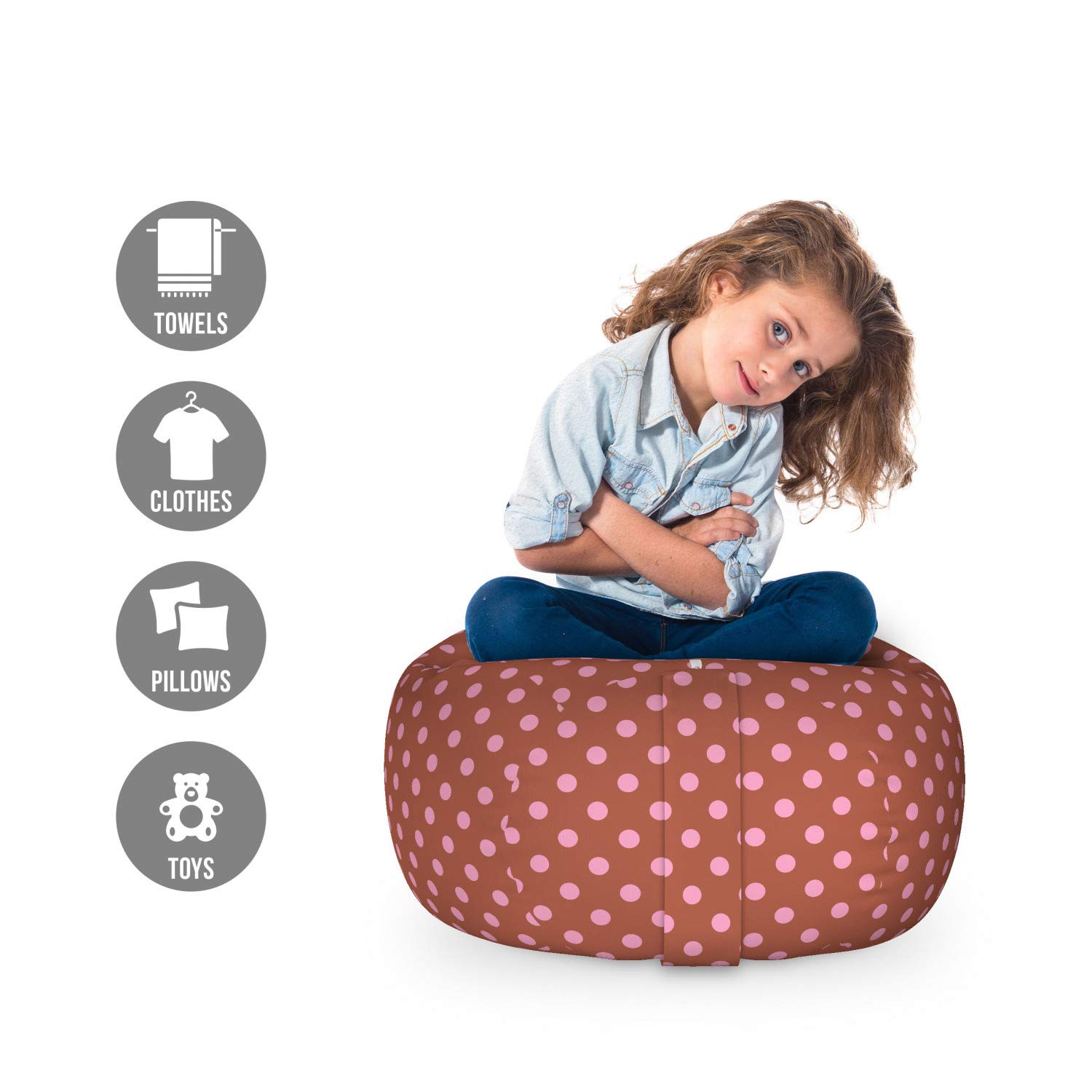 Ambesonne Pink Polka Dots Toy Storage Bag Chair - Brown Background with Blush Circles, Washable Stuffed Animal Organizer for Kids Room, Small Size (Redwood Fuchsia) | Perfect for Nursery, Playroom & Birthday Party Decorations