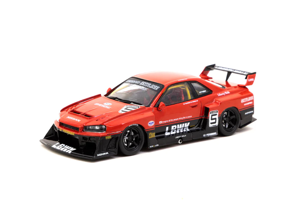 Tarmac Works 1:43 LB ER34 Super Silhouette SKYLINE #5 Diecast Model Car - Red & Black Racing Collectible for Display & Racing Enthusiasts