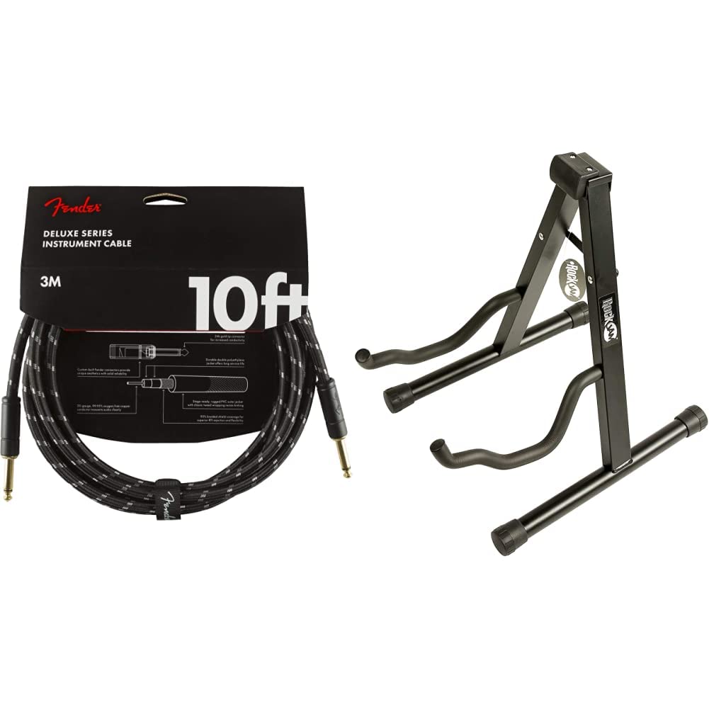 Fender Deluxe Series Instrument Cable 10ft - STR/STR - Black Tweed & RockJam Universal Portable A-Frame Guitar Stand for Acoustic, Electric Guitar and Bass - Perfect for Home, Studio, and Stage Performances