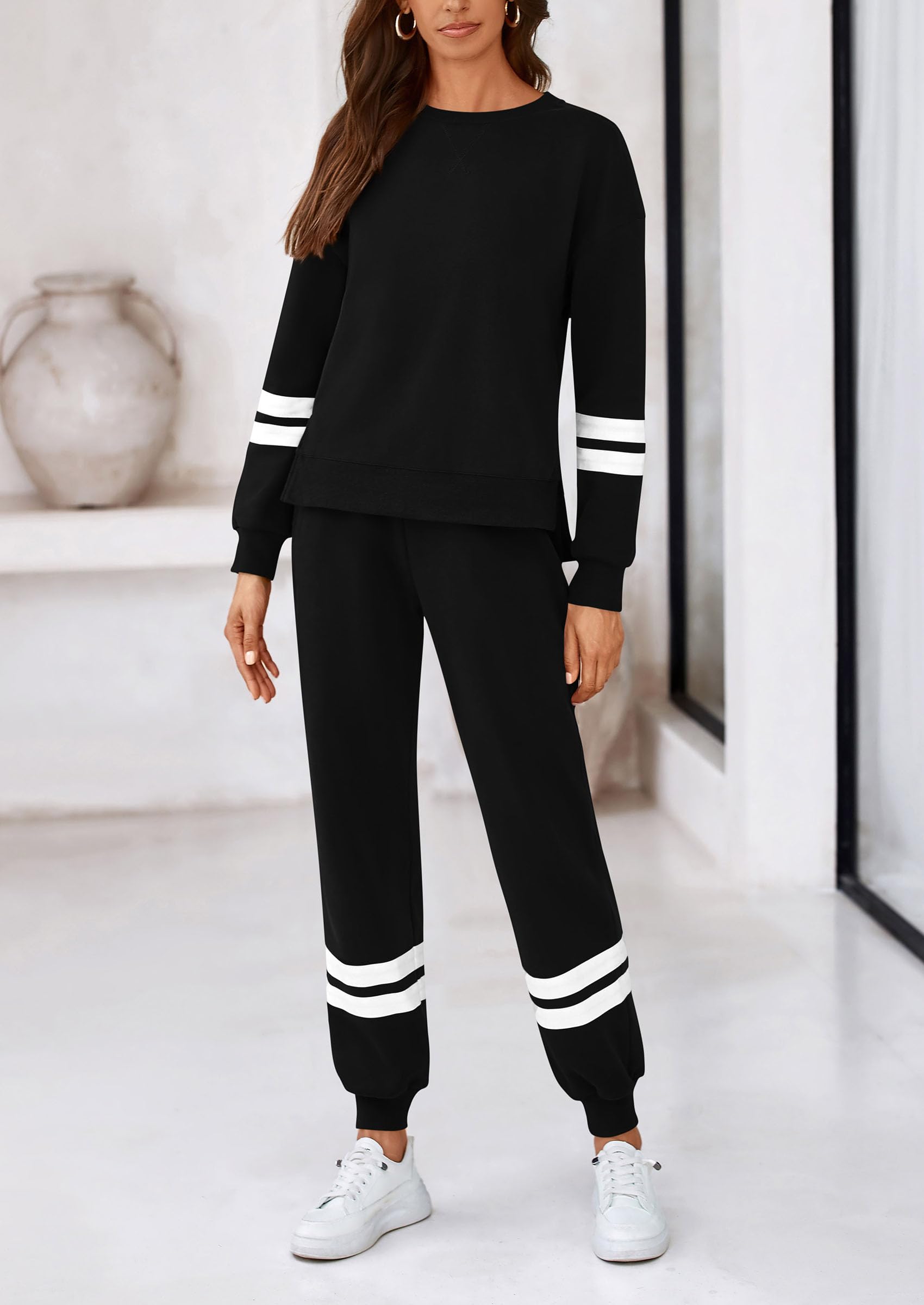 PRETTYGARDEN Women's 2 Piece Striped Tracksuit Set - Long Sleeve Sweatshirt & Sweatpants Lounge Outfit | Casual Wear, Yoga, Running, Home Relaxation