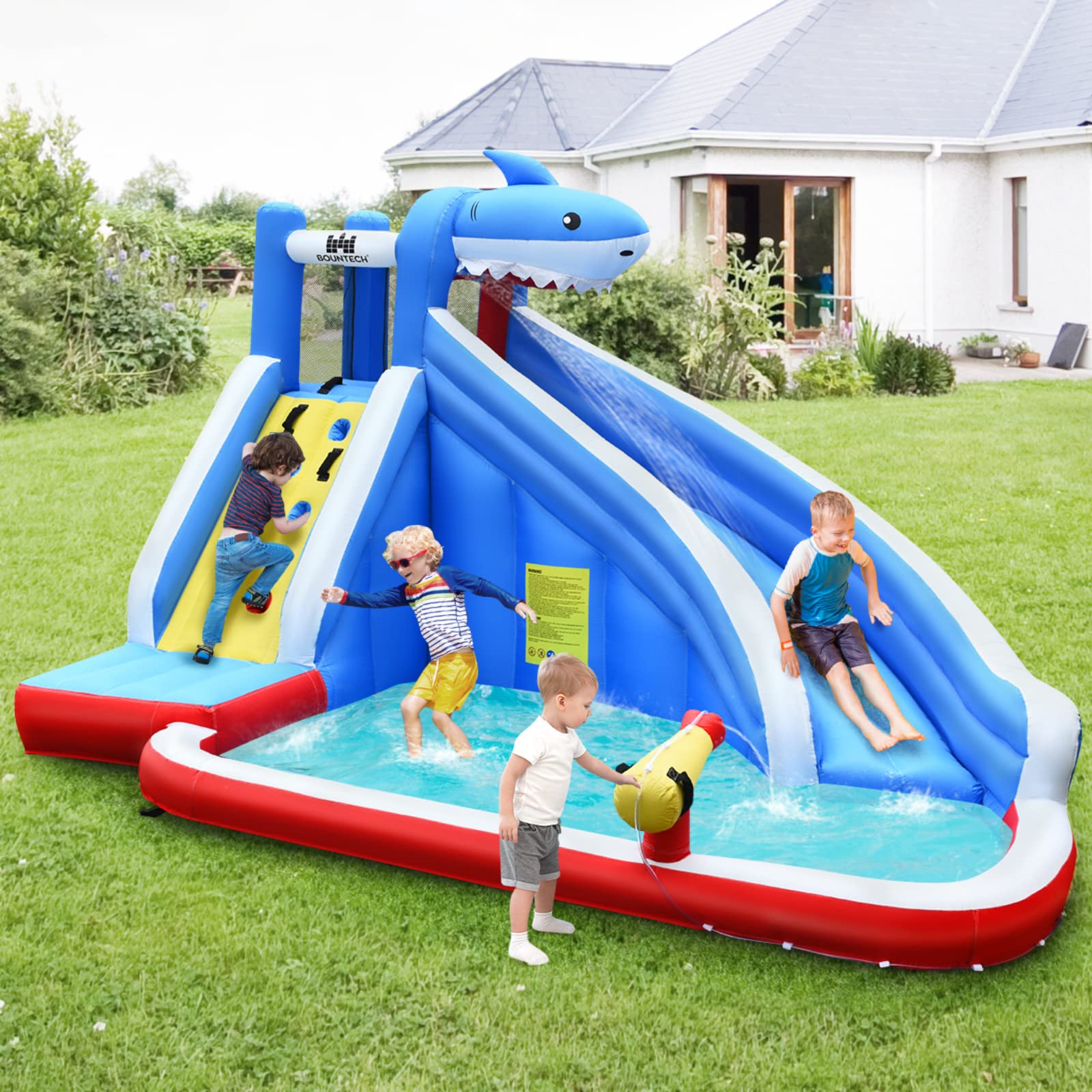 BOUNTECH Inflatable Water Slide with Shark Theme - 18ft Long Slide, Splash Pool & 750W Blower - Backyard Water Park for Kids & Adults - Perfect for Summer Parties, Birthday Gifts & Outdoor Family Fun