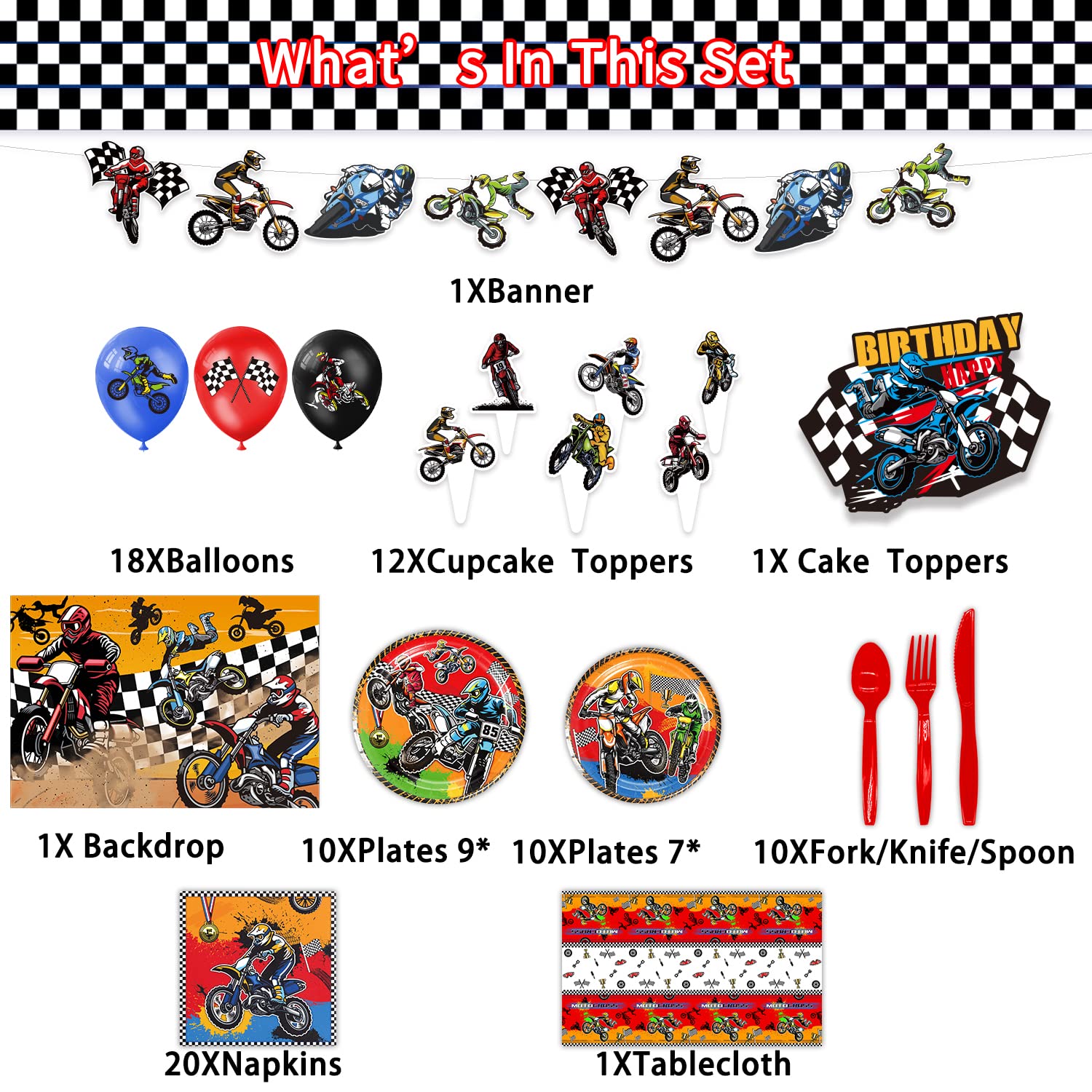 Dirt Bike Birthday Party Decorations for Boys - Motorcycle Themed Banner, Backdrop, Tablecloth, Balloons, Cake & Cupcake Toppers, 7