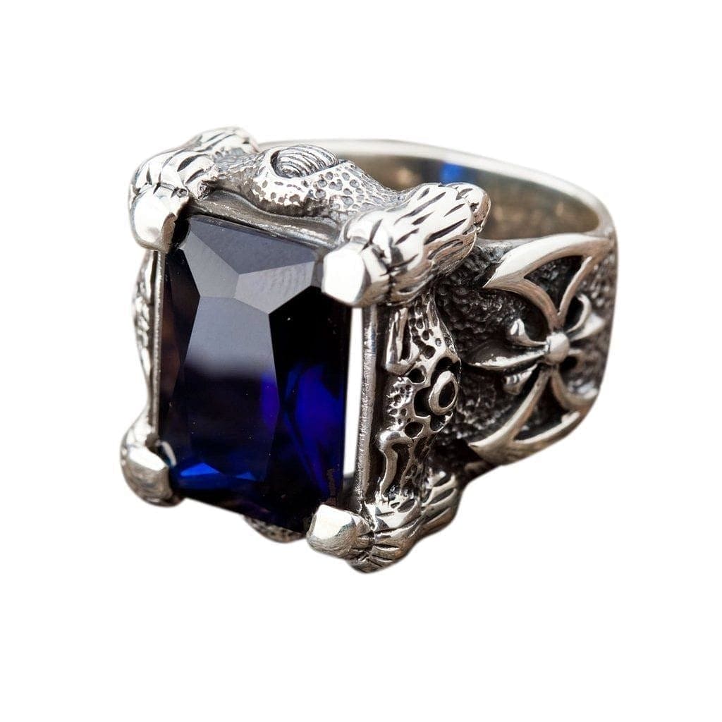 Heavy Dragon Claw & Axe Sapphire Blue Sterling Silver Biker Ring for Men - Gothic Punk Jewelry, Viking Warrior Style Accessory - Perfect for Motorcycle Riders, Cosplay, and Gift Giving