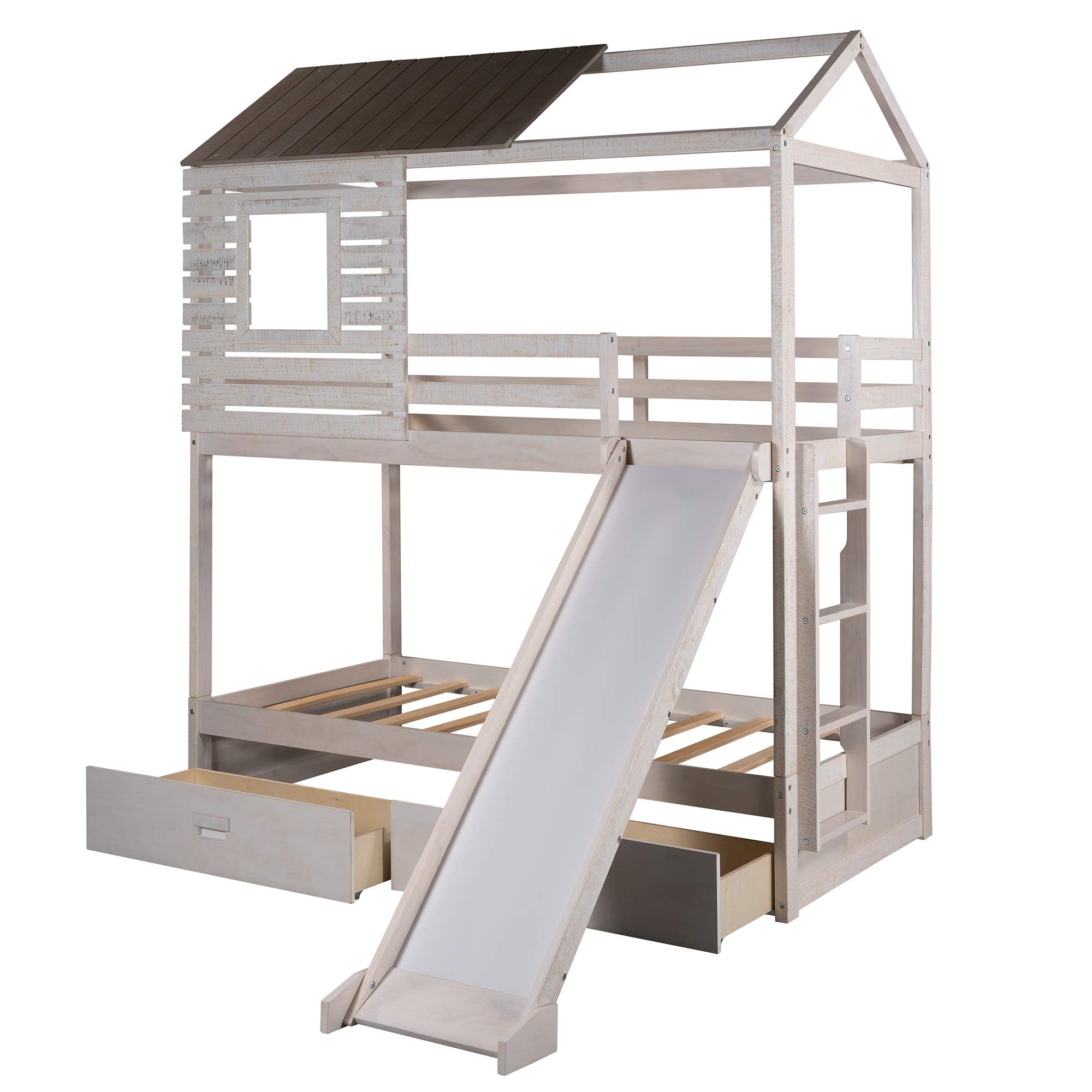 Twin Over Twin Bunk Bed with Roof, Window & Slide for Kids & Teens - Low Toddler Wooden Bunk Bed with 2 Storage Drawers, No Box Spring Needed - Perfect for Small Bedrooms, Playrooms & Sleepovers