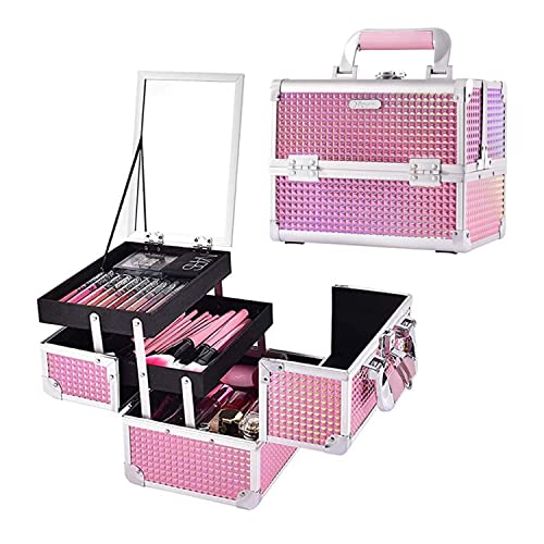 Joligrace Professional Makeup Train Case - Portable Cosmetic Organizer with 2 Trays, Mirror & Lock - Mermaid Pink Travel Makeup Storage Box for Cosmetologists, Aestheticians & Nail Technicians | Perfect for Salon, Travel & Professional Use