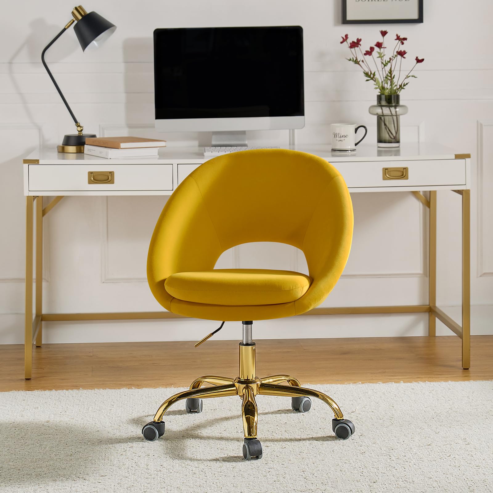 Modern Velvet Office Chair with Adjustable Swivel & Lumbar Support - Ergonomic Upholstered Desk Chair for Home Office, Study, Living Room - Small Cute Accent Chair in Yellow for Work, Gaming & Vanity