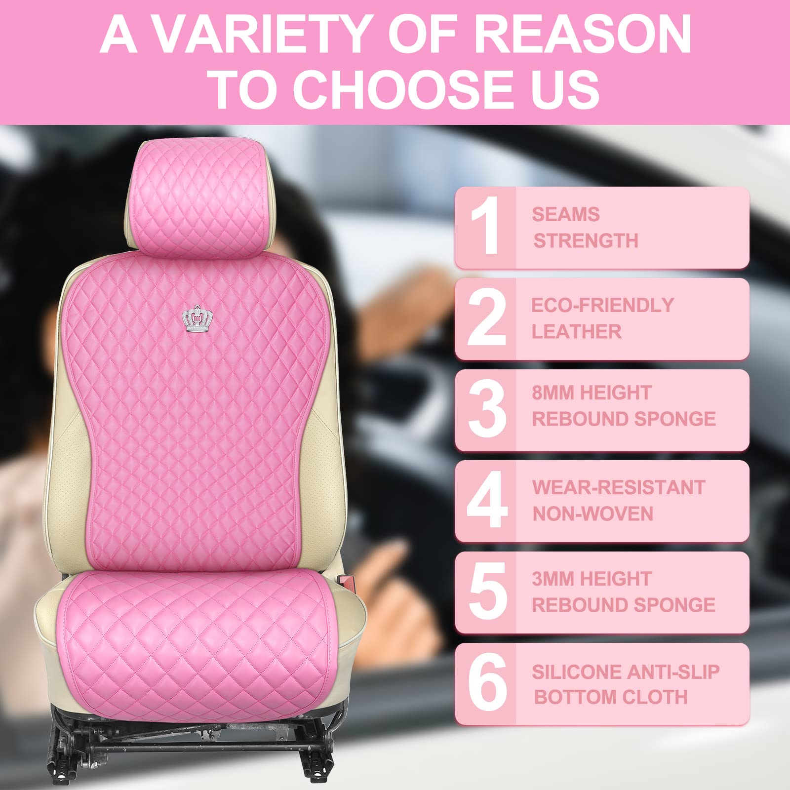 38PCS Pink Rhinestone Car Accessories Set - Seat Covers, Steering Wheel Cover, Handbrake Cover, Seat Belt Covers, Phone Holder & Glasses Holder for Women - Luxury Bling Car Interior Decor for Sedan, SUV, Coupe