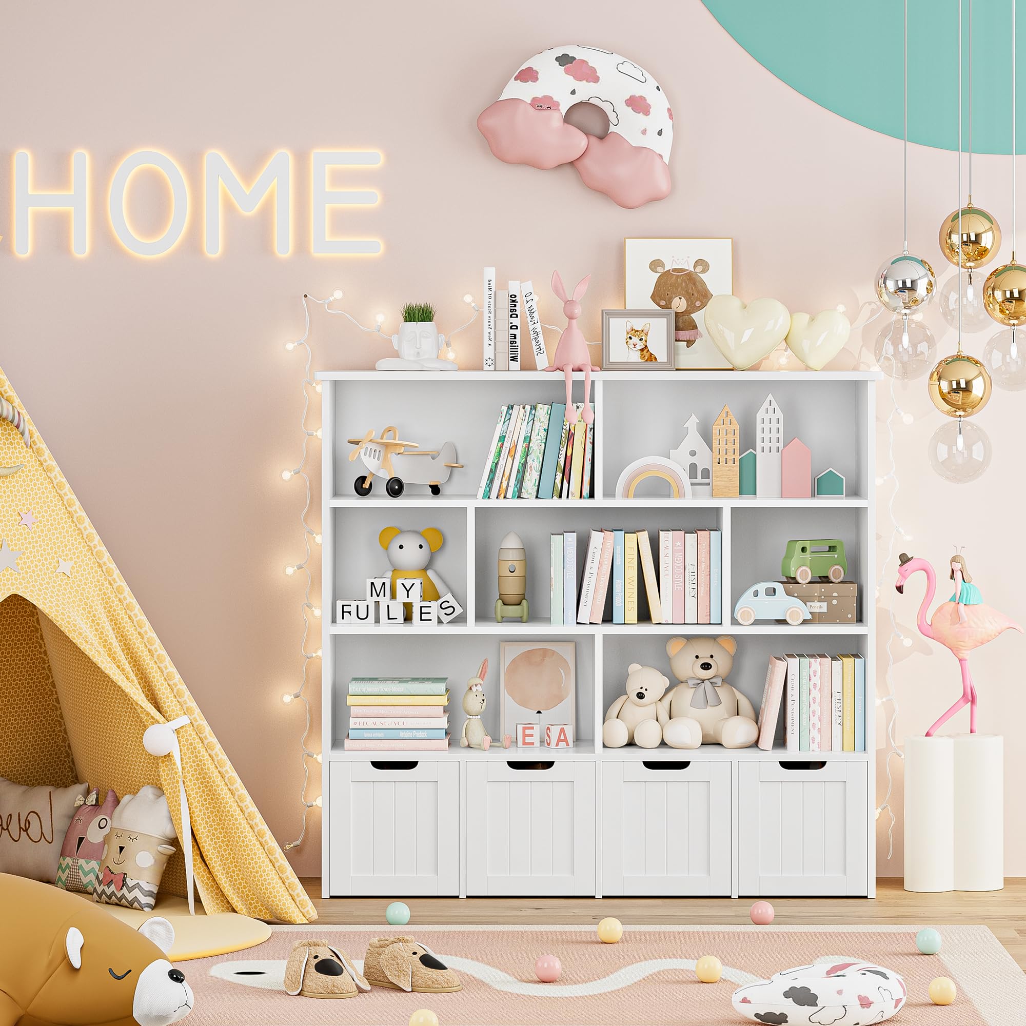 FINETONES Large Toy Storage Organizer with 4 Movable Drawers & 7 Storage Cubbies - Kids Bookshelf, Toy Chest Shelf with Hidden Wheels - Perfect for Playroom, Nursery & Bedroom Organization (White)