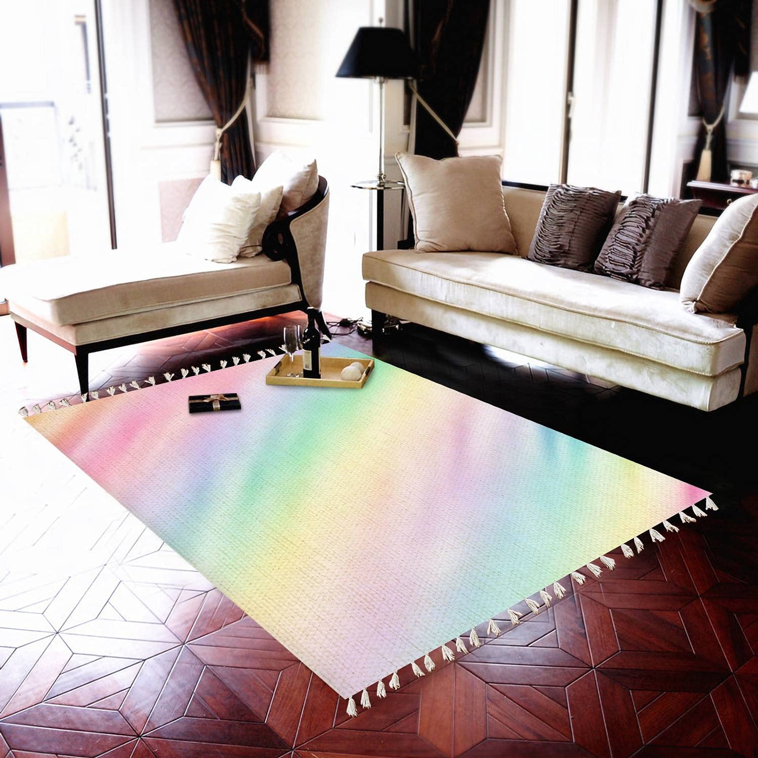 Boho Pastel Rainbow Area Rug - Colorful Watercolor Candy Style Carpet for Living Room, Bedroom, Patio, Hallway | Indoor Outdoor Minimalist Home Decor | Perfect for Boho Chic, Nursery, Dorm & Cozy Spaces