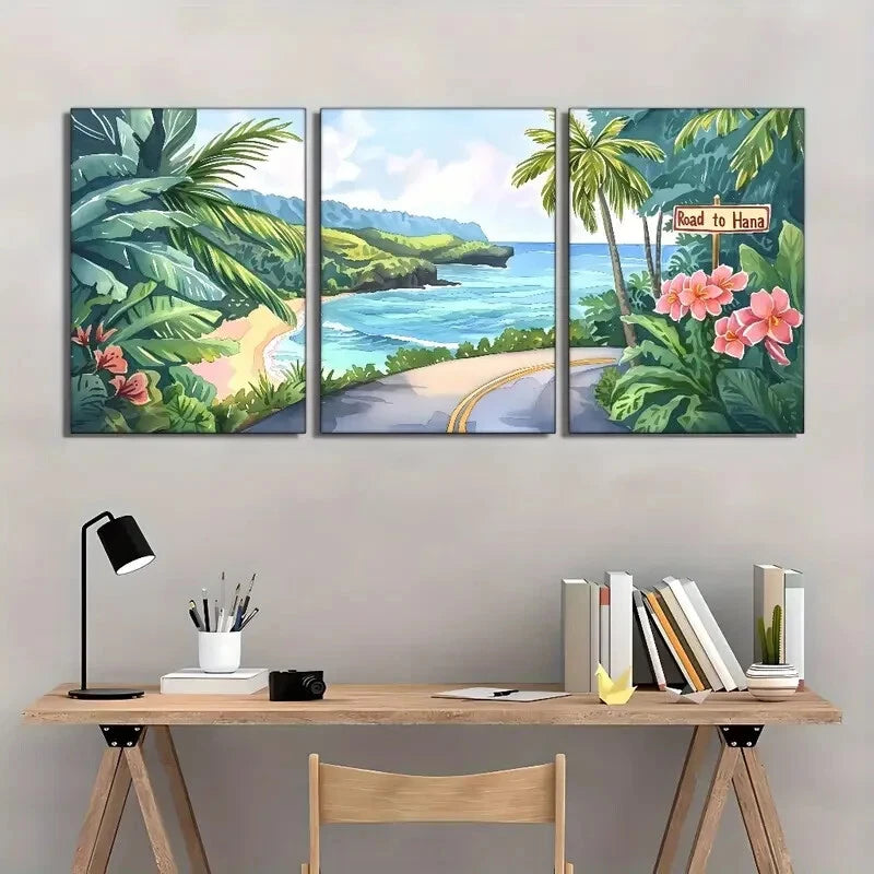 3-Piece Tropical Island Metal Wall Art - Maui Landscape Print Set, Ready to Hang - Perfect for Beach House Decor, Living Room & Office Wall Art