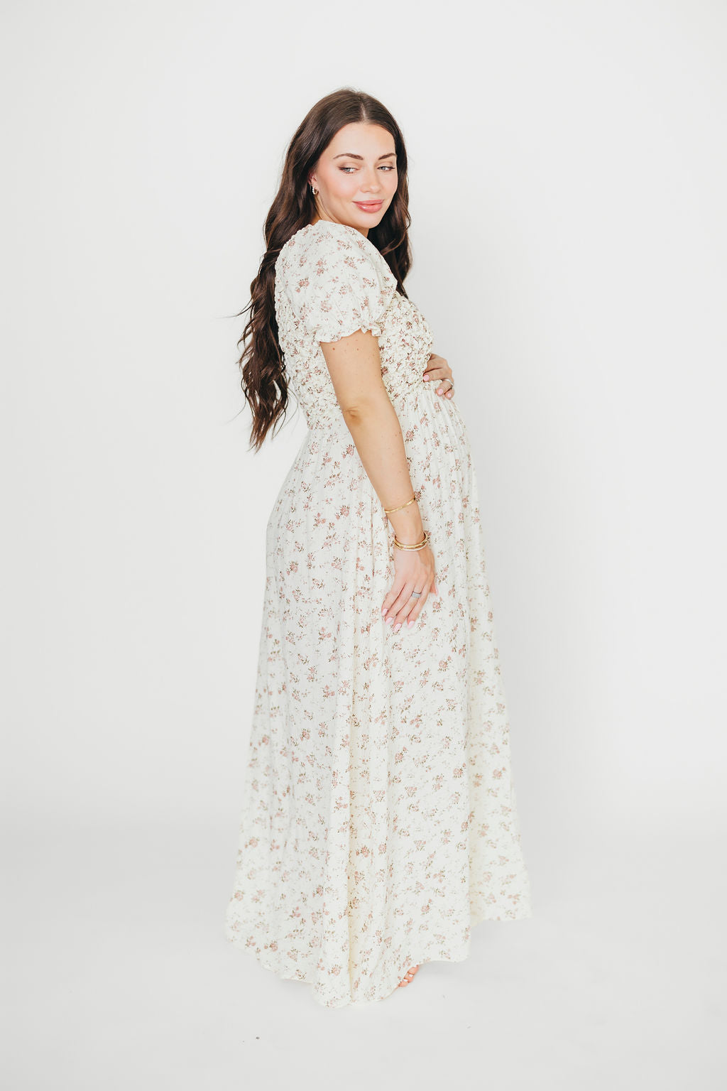 Emilia 100% Cotton Smocked Maxi Dress - Ivory/Mauve Floral Print, Bump Friendly Maternity Dress for Women | Perfect for Beach Vacations, Summer Weddings & Casual Outings