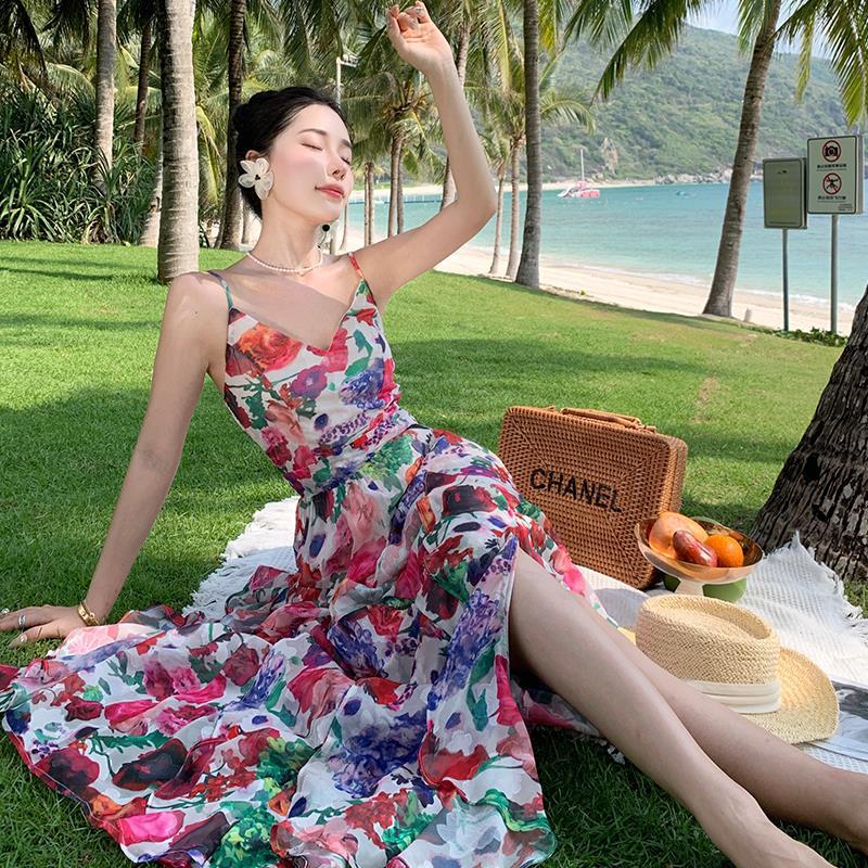 2025 Summer Women's Southern Style Print Sexy Slim Strappy Beach Dress - Vacation, Seaside & Boho Outfit for Women