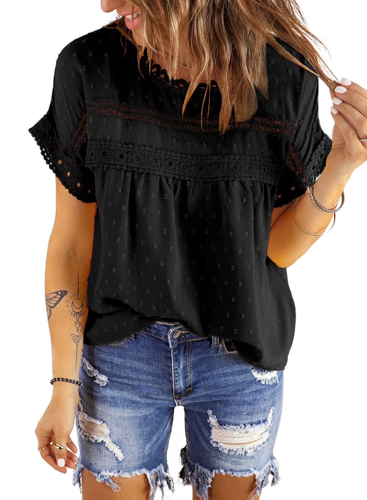 Dokotoo Women's Summer Tops - Lace Crochet Crewneck Short Sleeve Shirts, Casual Chiffon Blouses for Beach, Vacation & Everyday Wear