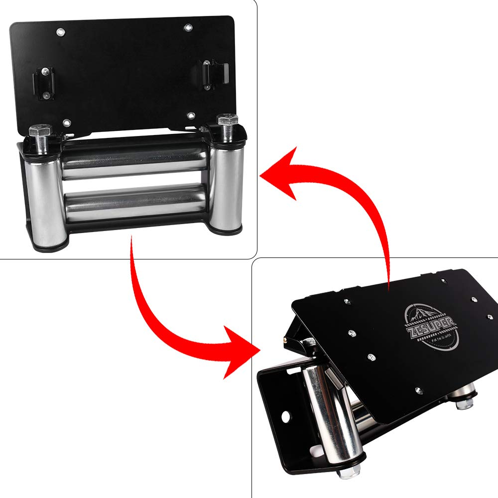 ZESUPER Flip-Up Winch Roller Fairlead with Stainless Steel License Plate Mount - Heavy Duty Off-Road Accessory for Jeep, Truck & ATV - Perfect for Trail Riding, Towing & Recovery Operations