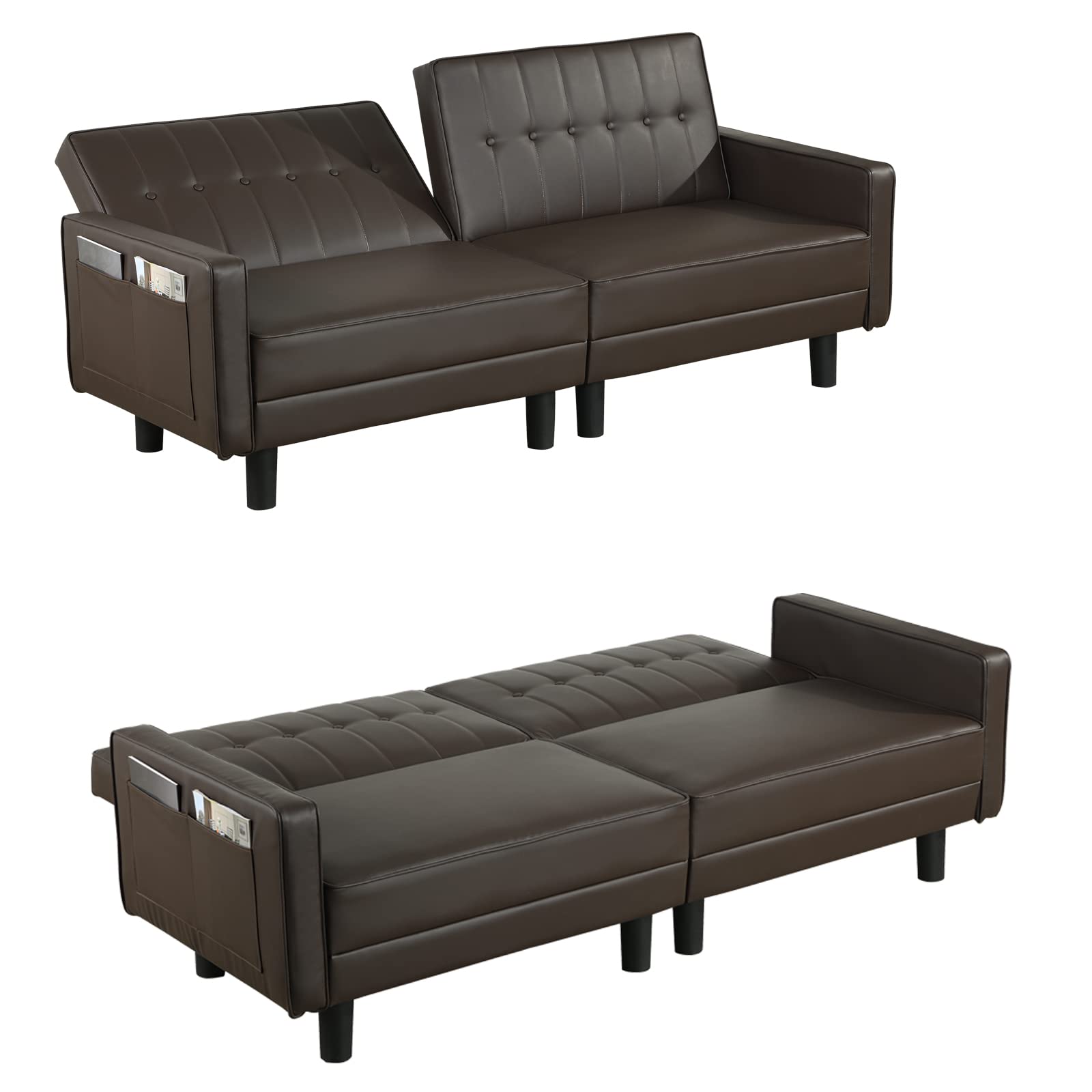 BINGTOO Futon Sofa Bed - Adjustable Backrest Convertible Loveseat Sleeper for Small Spaces, Apartments, Dorms - Leather Sofa Bed Couch (Brown) - Perfect for Guest Rooms, Studio Apartments & Multi-Functional Living Spaces