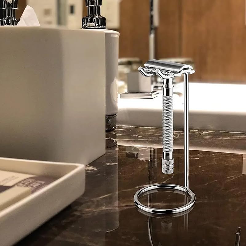 Premium Chrome-Plated Metal Shaving Brush & Razor Stand - Durable Beard Grooming Kit Holder for Men - Perfect for Bathroom, Travel & Gift Giving