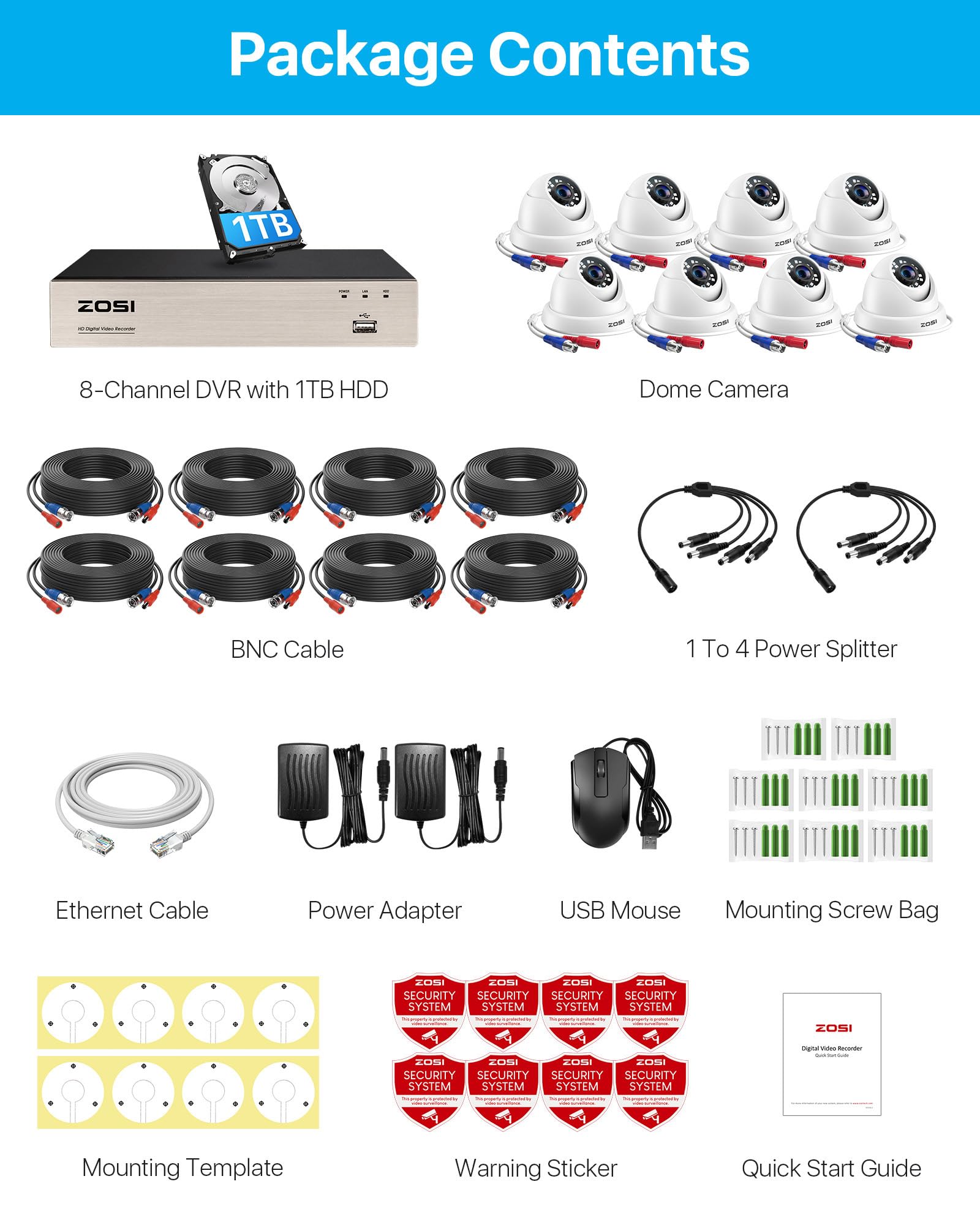 ZOSI 8CH 1080P Home Security Camera System with 1TB HDD - 8 Weatherproof Outdoor Indoor CCTV Dome Cameras, H.265+ DVR, Night Vision & Motion Detection for 24/7 Recording - Ideal for Home, Office, and Business Surveillance