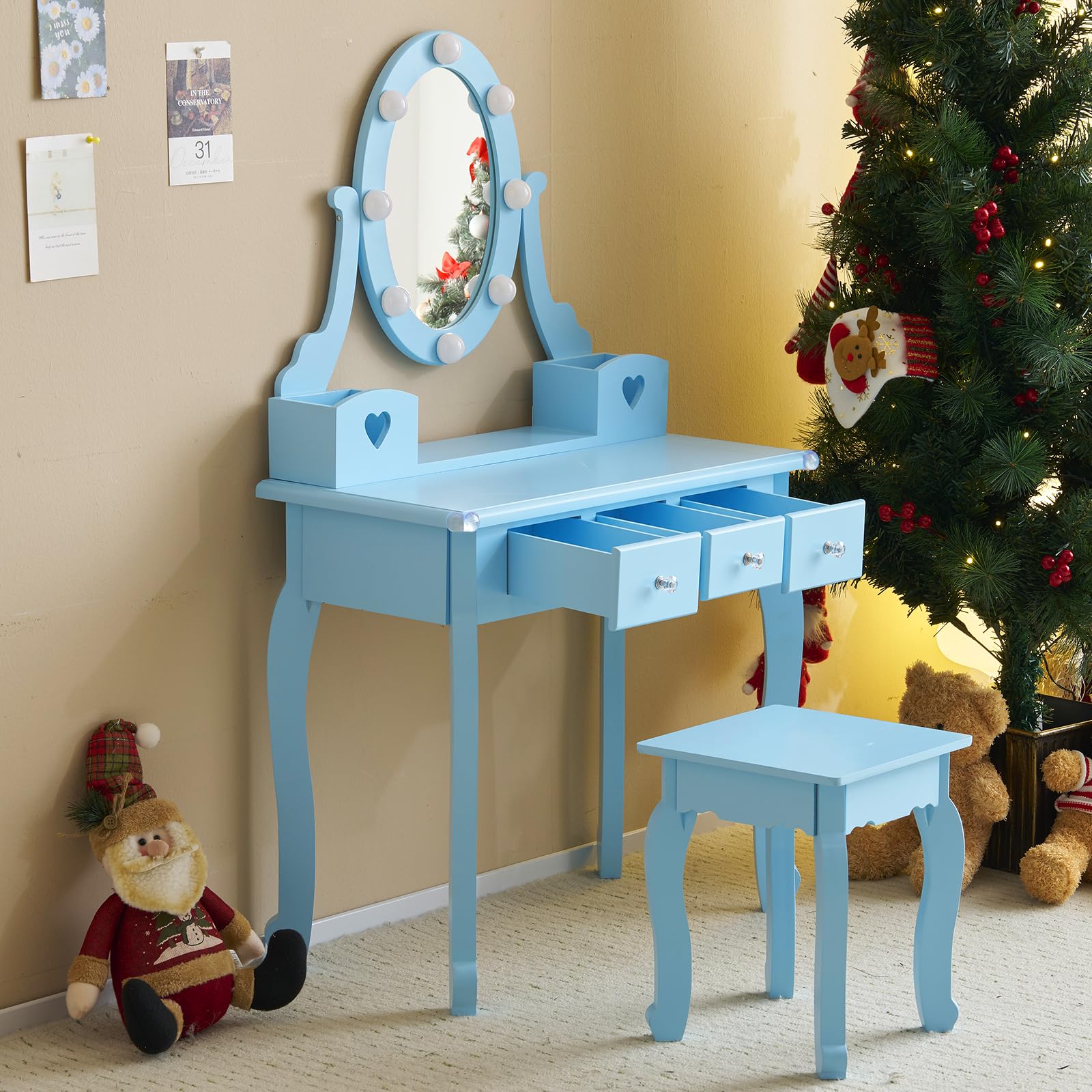 Princess Makeup Vanity Set with Mirror, LED Lights & Stool - 5-Drawer Dressing Table for Girls in Macaron Blue | Perfect for Pretend Play, Bedroom Decor & Birthday Gifts