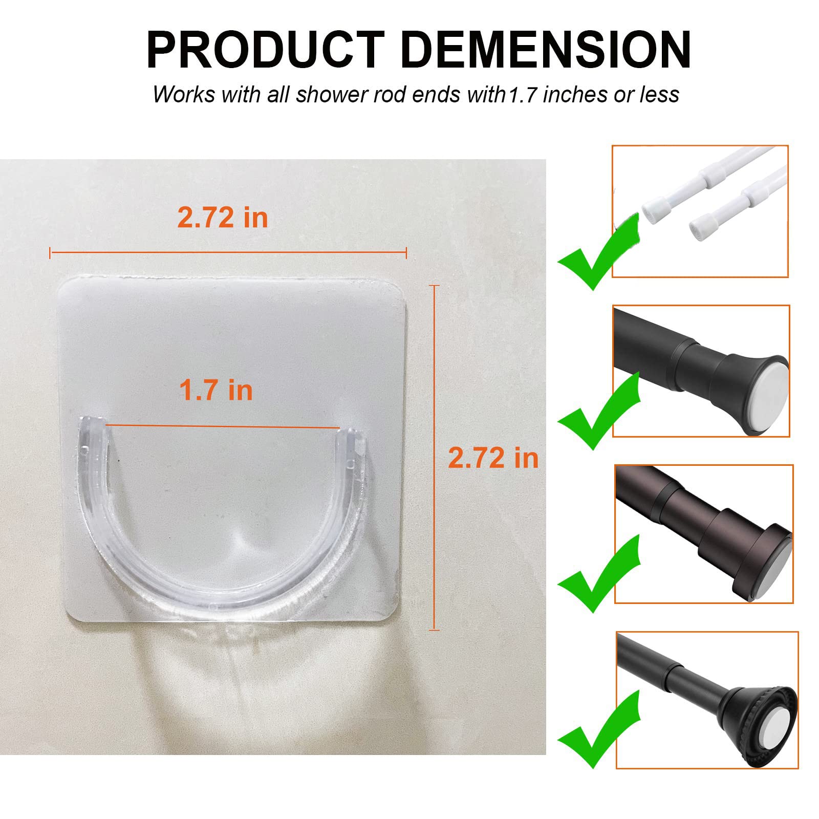 No Drill Adhesive Shower Rod Holder - Tension Mount Curtain Rod Bracket, Clear Transparent Shower Rod Retainer (4 Pack) - Perfect for Bathrooms, Showers & Home Decor