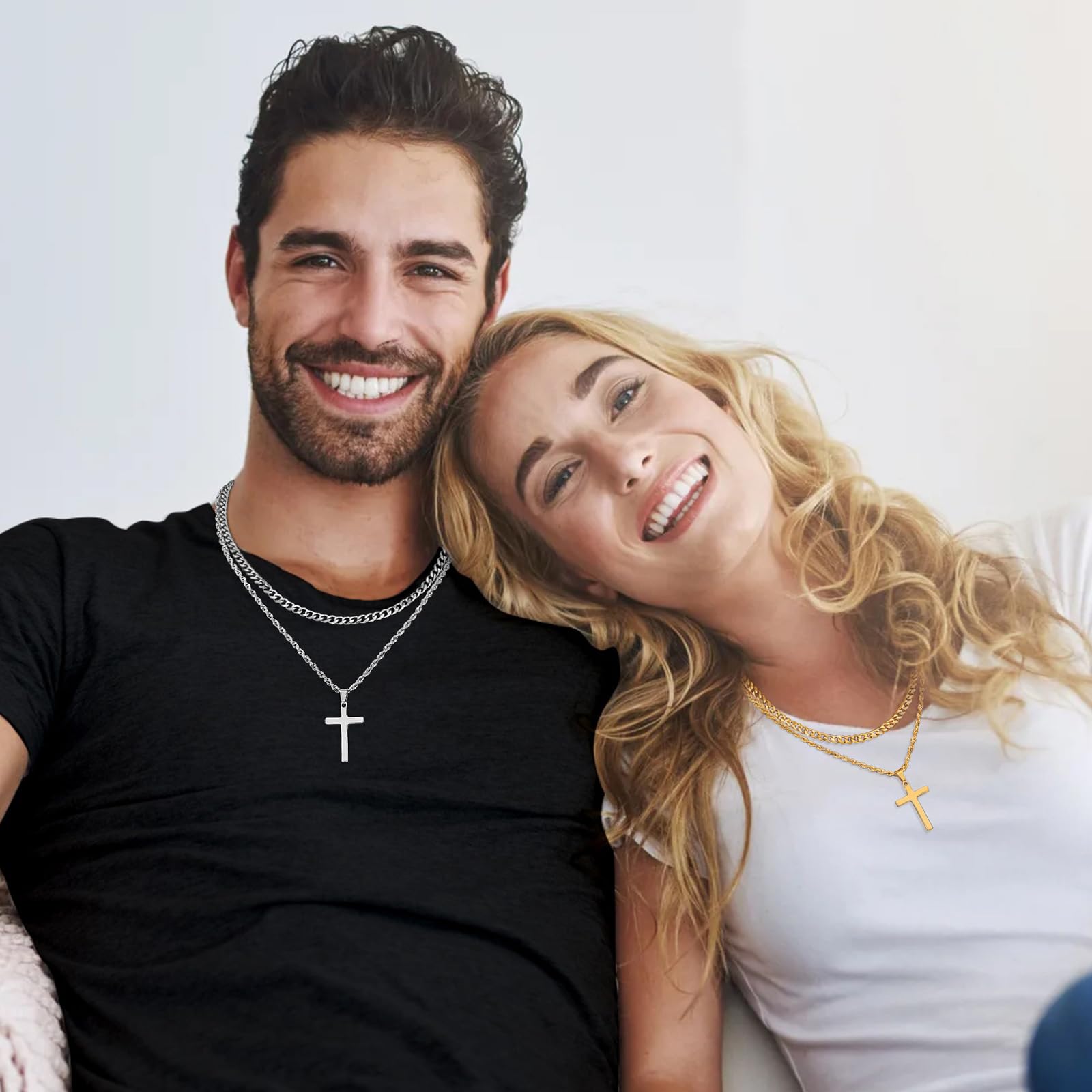 Fiusem Stainless Steel Cross Necklace for Men & Women - Layered Cuban Link & Rope Chain Pendant (16-26 Inch) - Perfect for Everyday Wear, Gifts & Religious Occasions