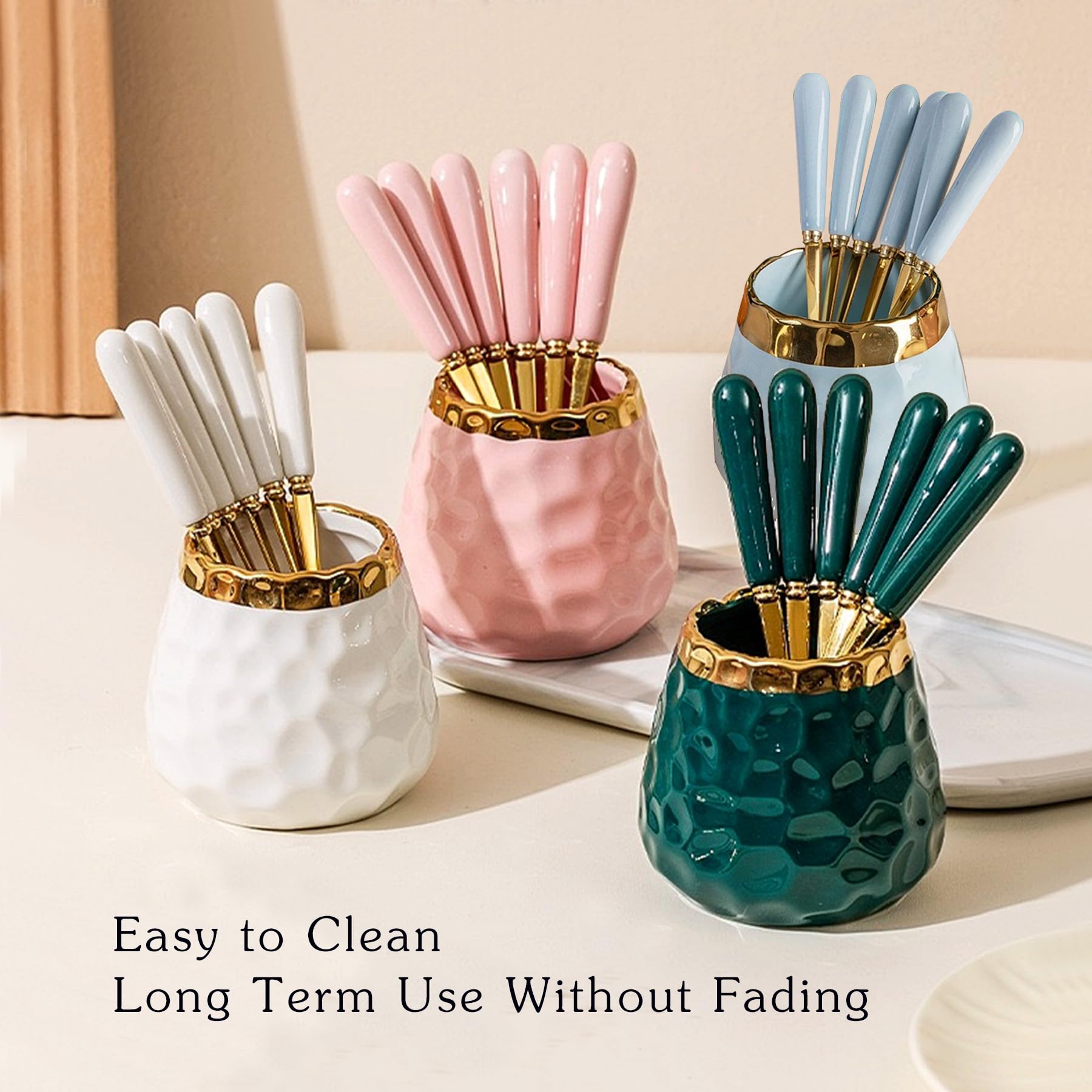 Ceramic Dessert Fork Set - 8 Small Forks for Fruit, Cake & Party (Pink Jar) - Perfect for Camping & Picnics