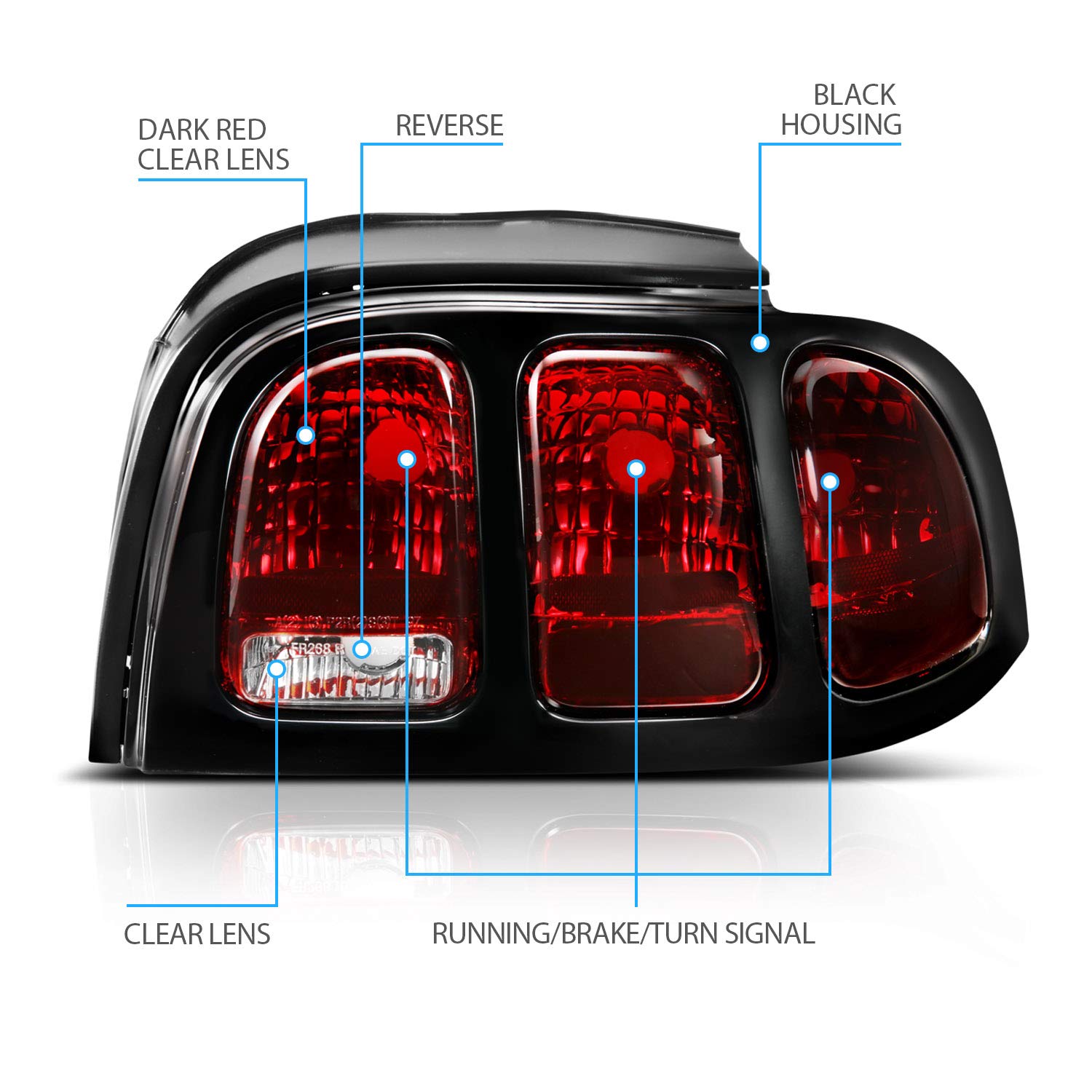 1994-1998 Ford Mustang Black Housing Dark Red LED Brake Tail Lights Set - OE Style Replacement for Passenger & Driver Side | Enhanced Night Visibility & Safety