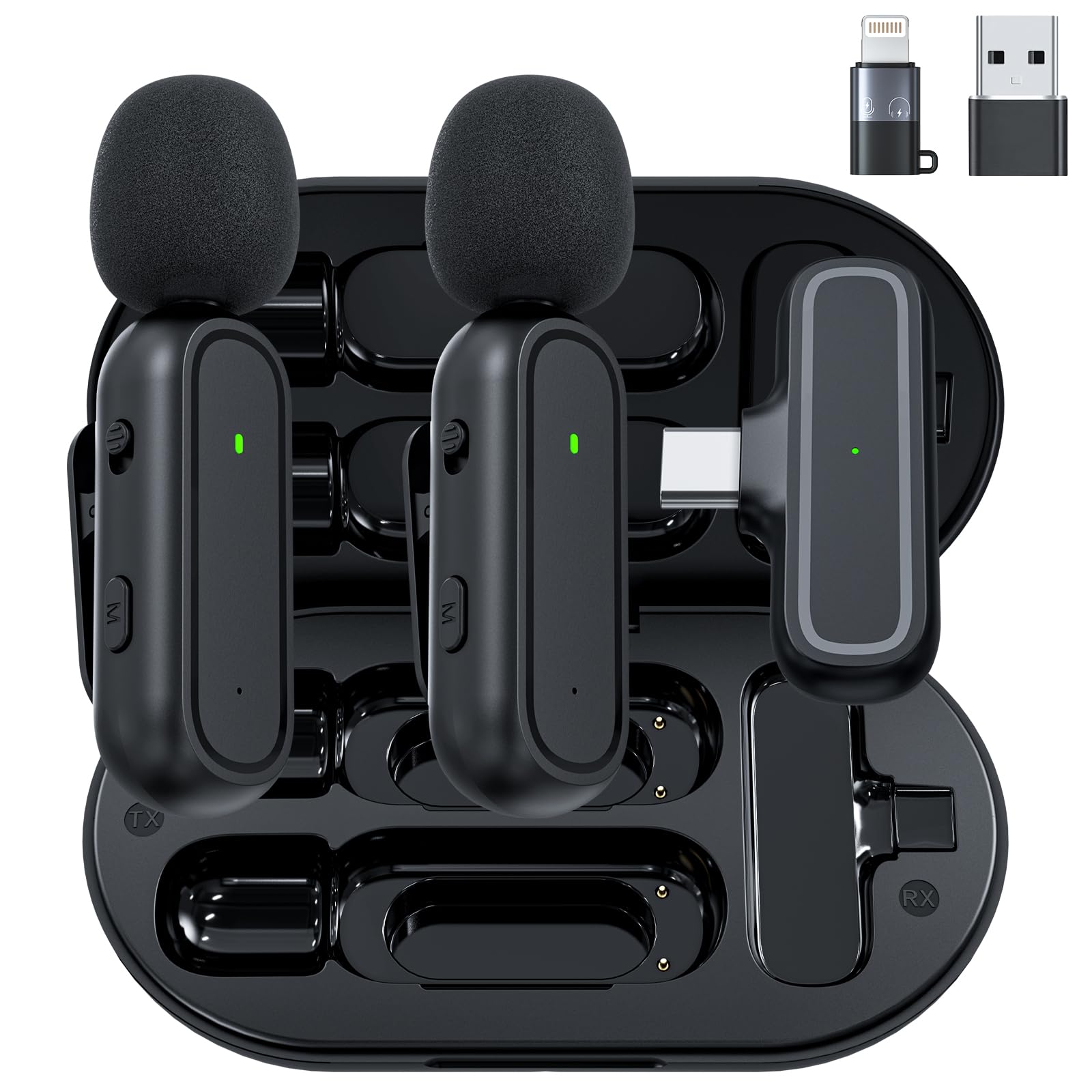 2-Pack Wireless Lavalier Microphone for iPhone iPad Android - Noise Canceling Clip-on Mic with Charging Case & Jack Adapter - Perfect for YouTube, Vlogging, Live Streaming, Podcasting, Interviews & Online Meetings