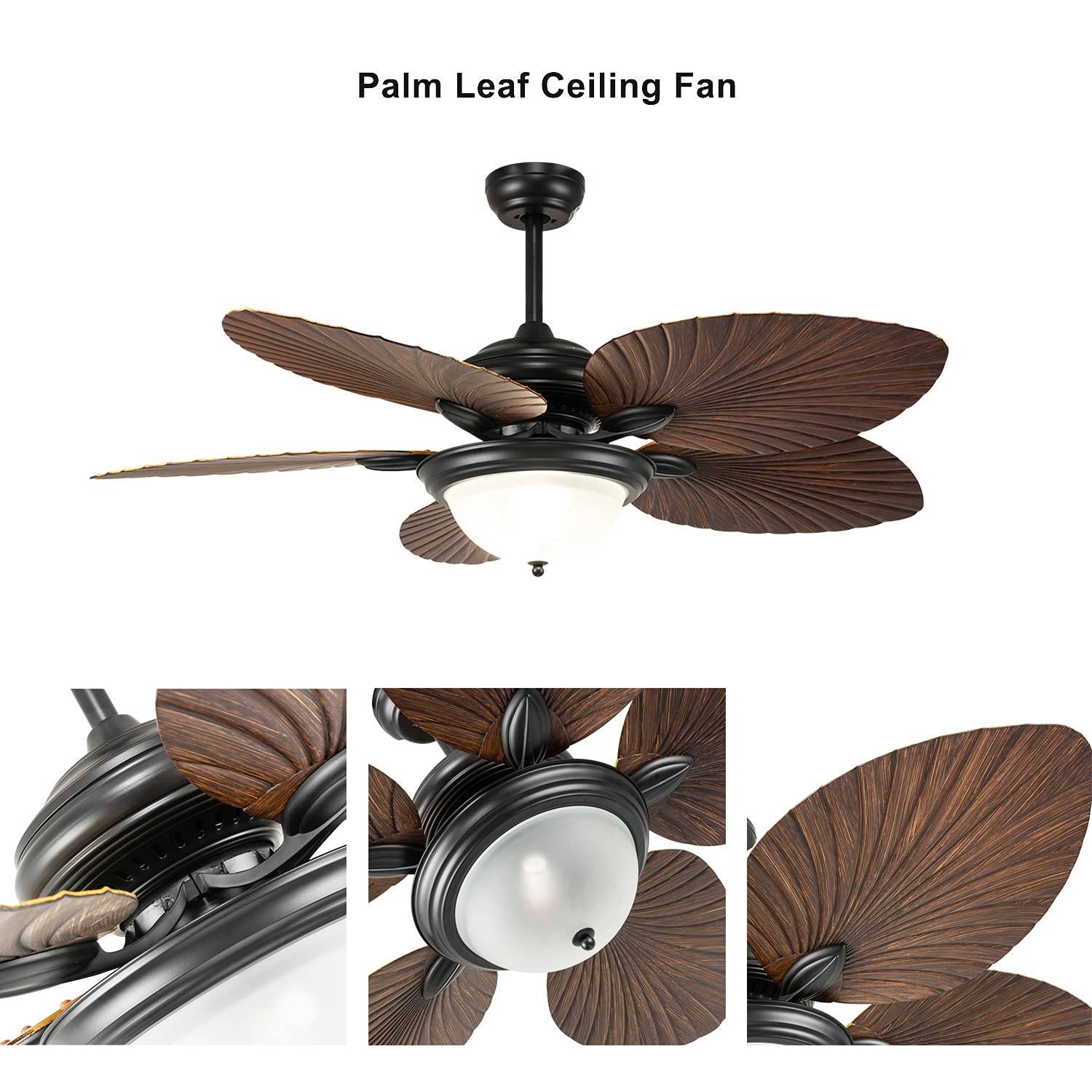52 Inch Tropical Ceiling Fan with Light and Remote Control - Palm Leaf Chandelier Style Farmhouse Fan for Indoor/Outdoor Use - Perfect for Bedroom, Kitchen, Living Room and Patio Cooling