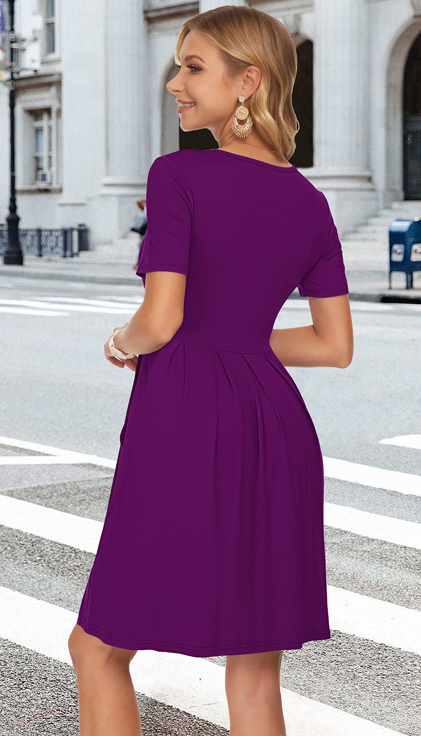 AUSELILY Women's Summer Short Sleeve Pleated Swing Dress - Knee Length Loose Fit with Pockets | Casual Beach Wear, Vacation Outfit & Daily Comfort Dress (2025 New Collection)