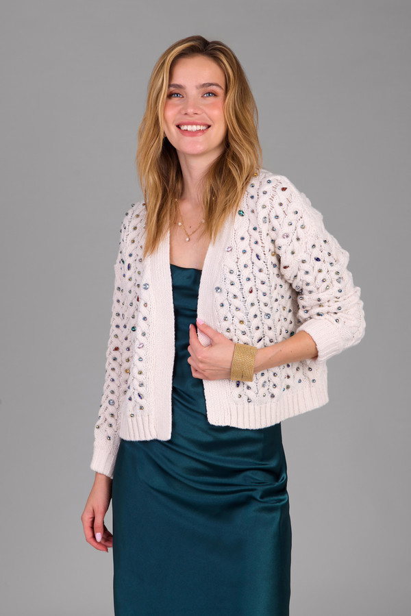 Elegant Cable Knit Gemstone Cardigan Sweater for Women - Cozy Winter Fashion with Beaded Details | Perfect for Office, Date Night & Holiday Outfits