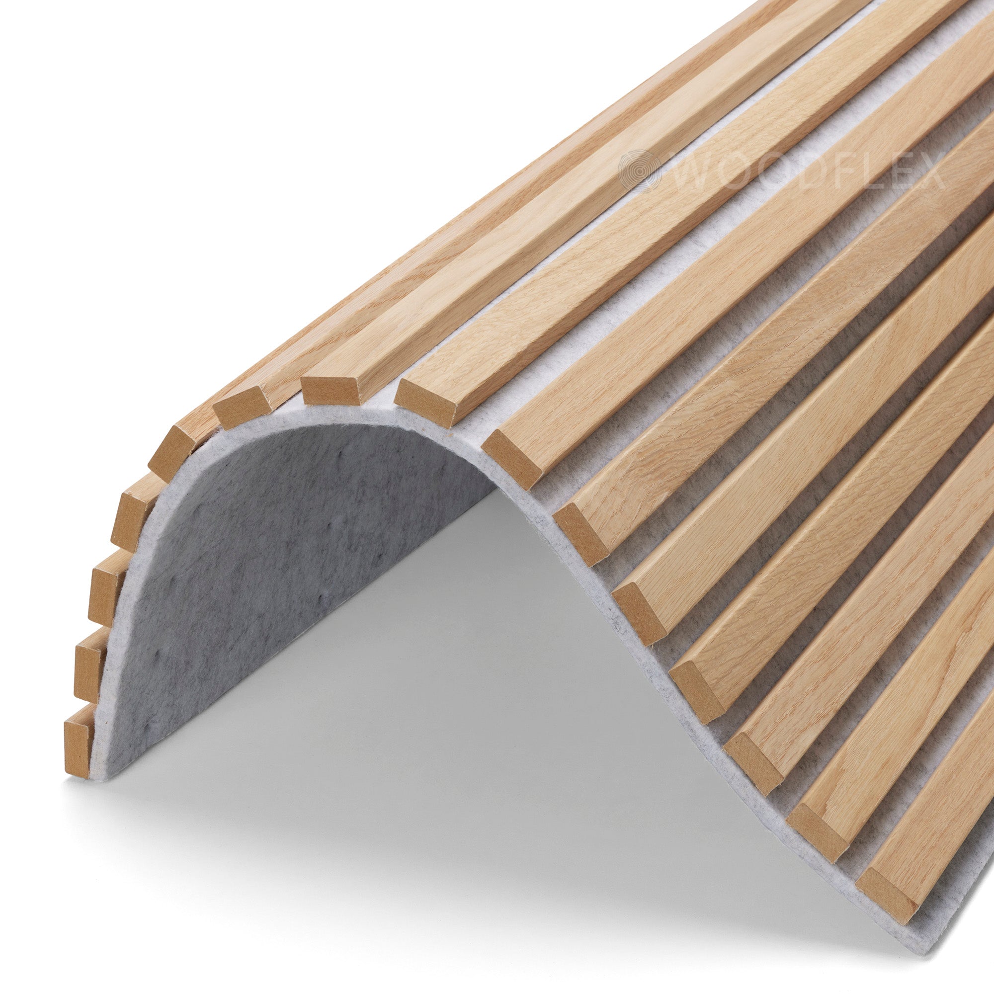 WOODFLEX Flexible Acoustic Wood Slat Panel - 3 Sided Oak Veneer on Light Grey - 2700mm x 600mm - Soundproof Wall Panels for Home Theater, Office & Studio Decoration