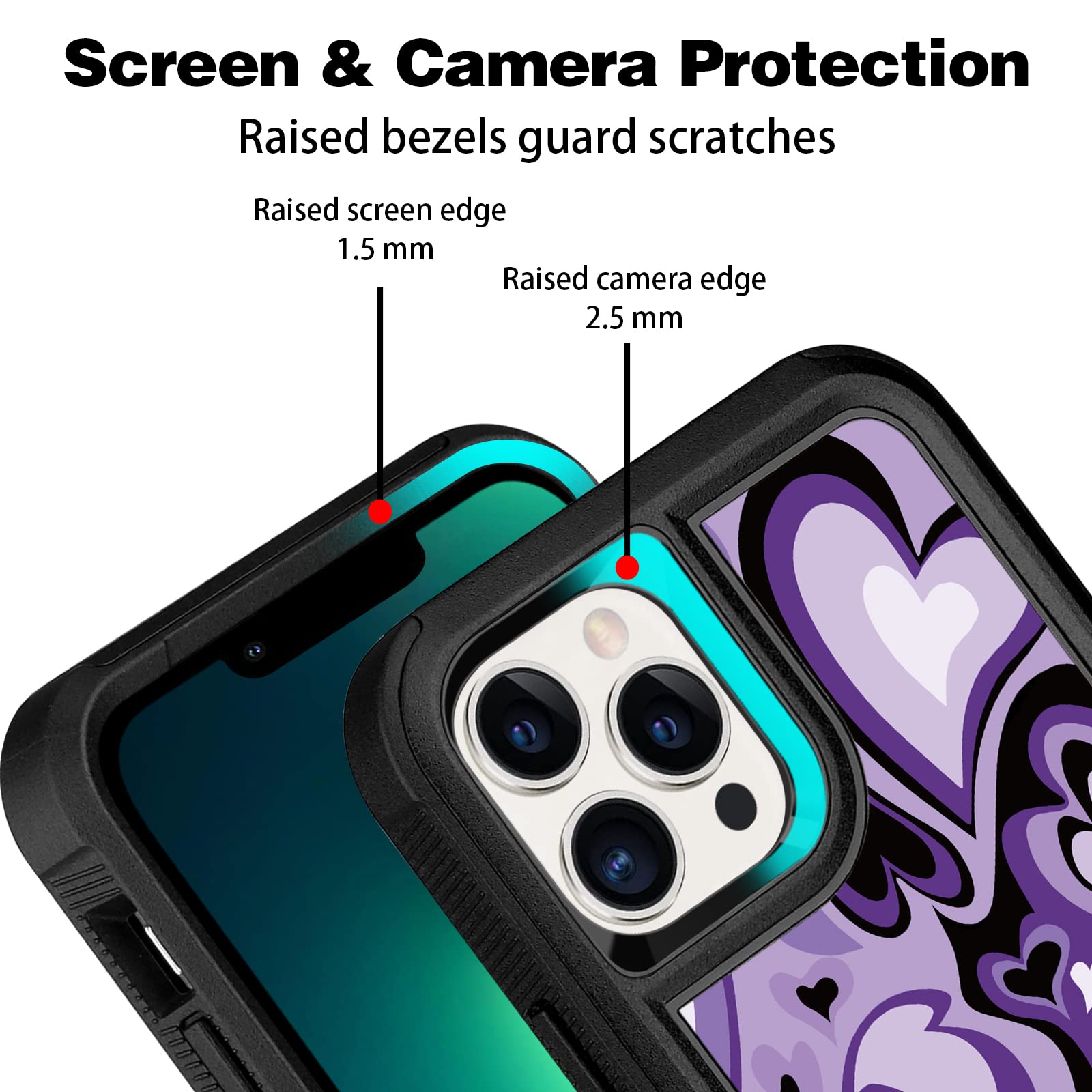 Rugged Shockproof Protective Case for iPhone 13 Pro Max 6.7 Inch - Heavy Duty Slim Lightweight Cover with Purple Heart Pattern, Perfect for Women & Girls - Ideal for Outdoor Activities, Work & Daily Use