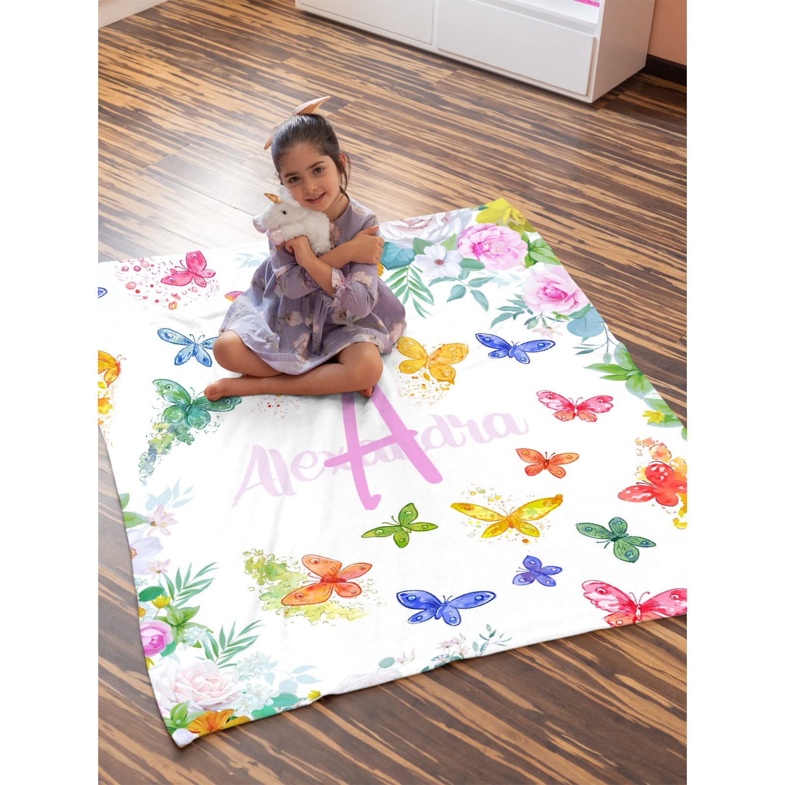 Personalized Baby Blanket with Name - Custom Fleece Flannel Blanket for Girls & Boys - Colorful Butterfly Design - XL 120