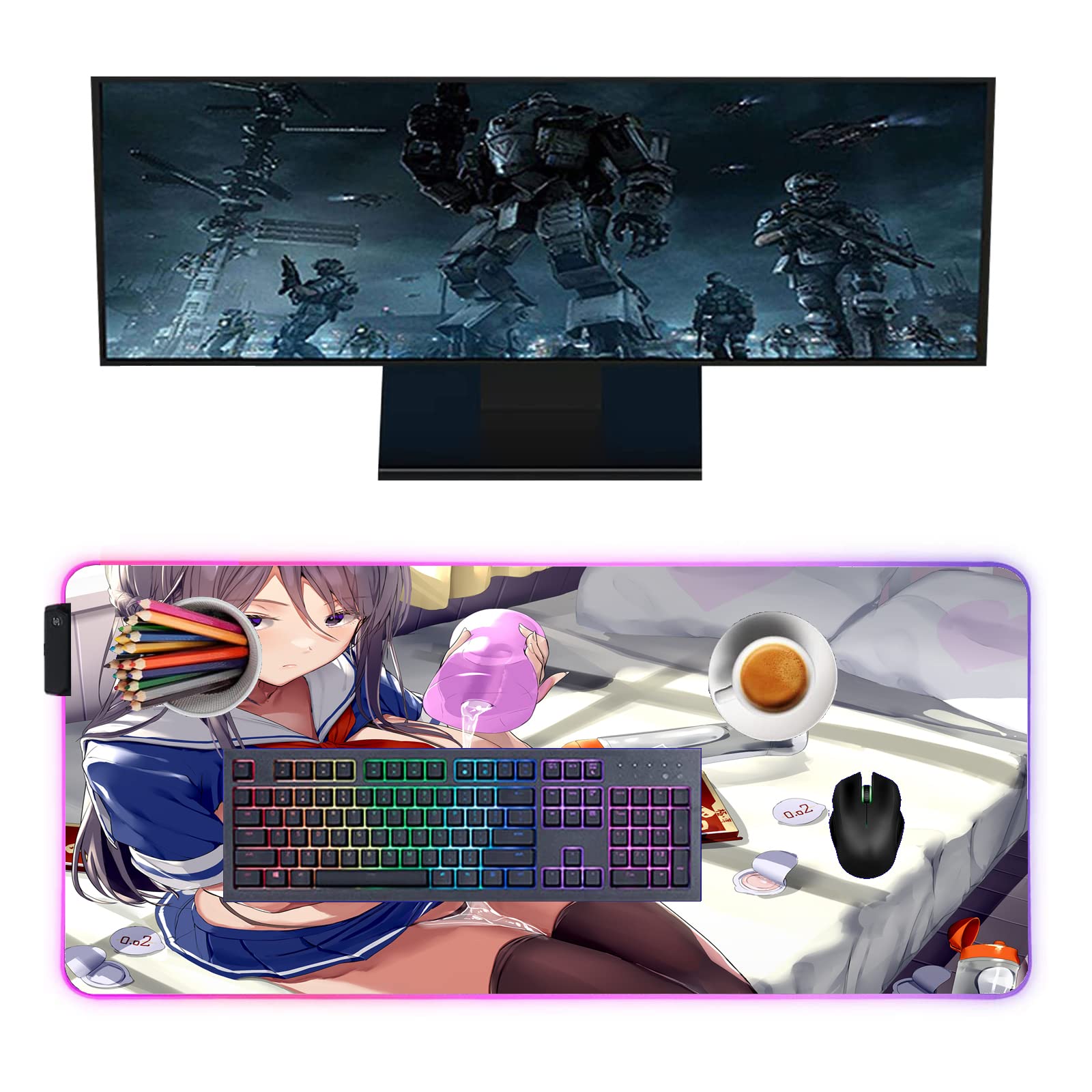 Anime Girl RGB Gaming Mouse Pad - Extended Non-Slip LED Desk Mat (24x12 Inch) for PC Gamers | Waterproof Keyboard Mousepad with Sexy Design | Perfect for Gaming Setup, Office Work & Computer Desks