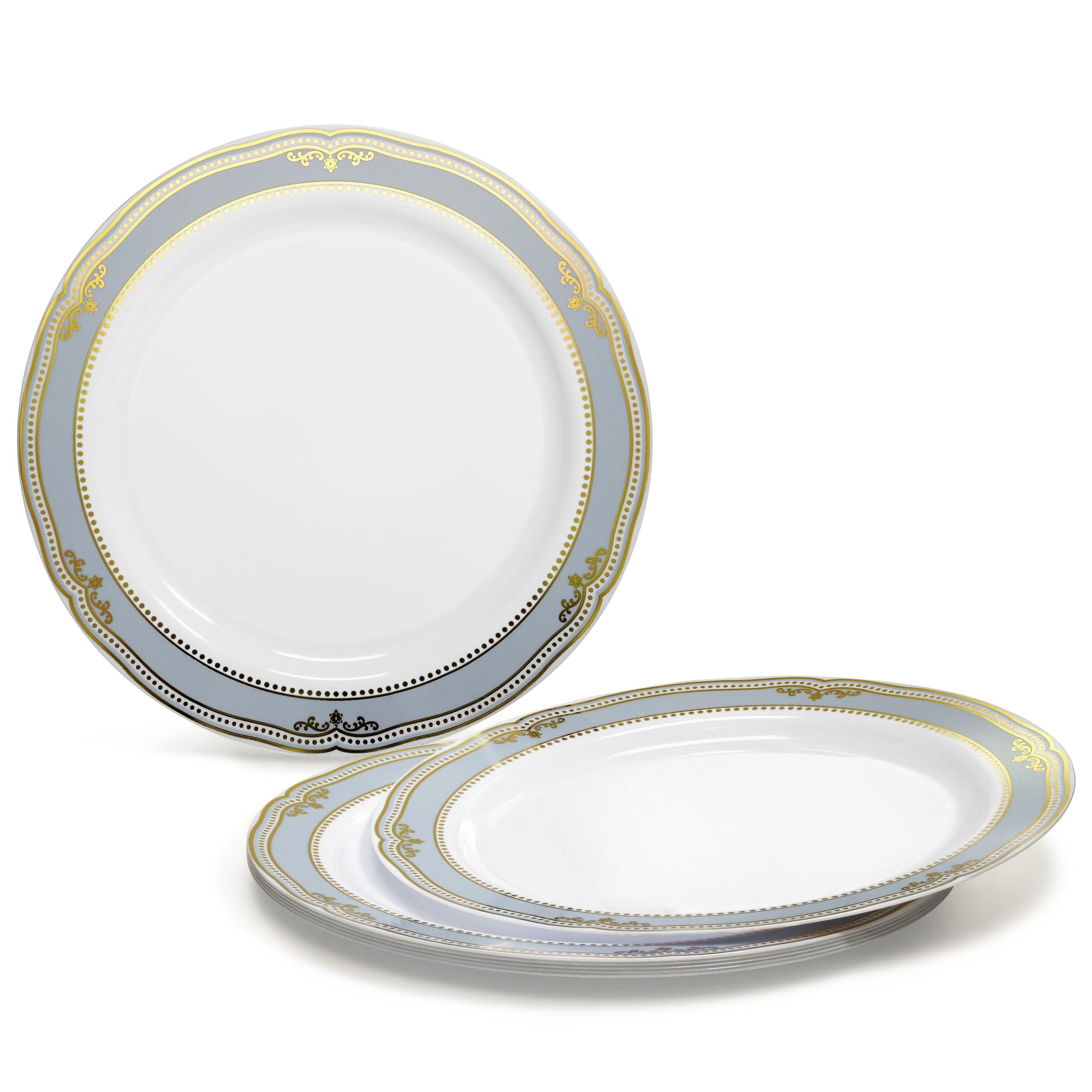 60 Pack Disposable Plastic Plates for Weddings & Parties - 10.25 Inch Scalloped Edge Dinner Plates in Elegant White, Blue & Gold | Perfect for Birthday Celebrations, Baby Showers & Special Events
