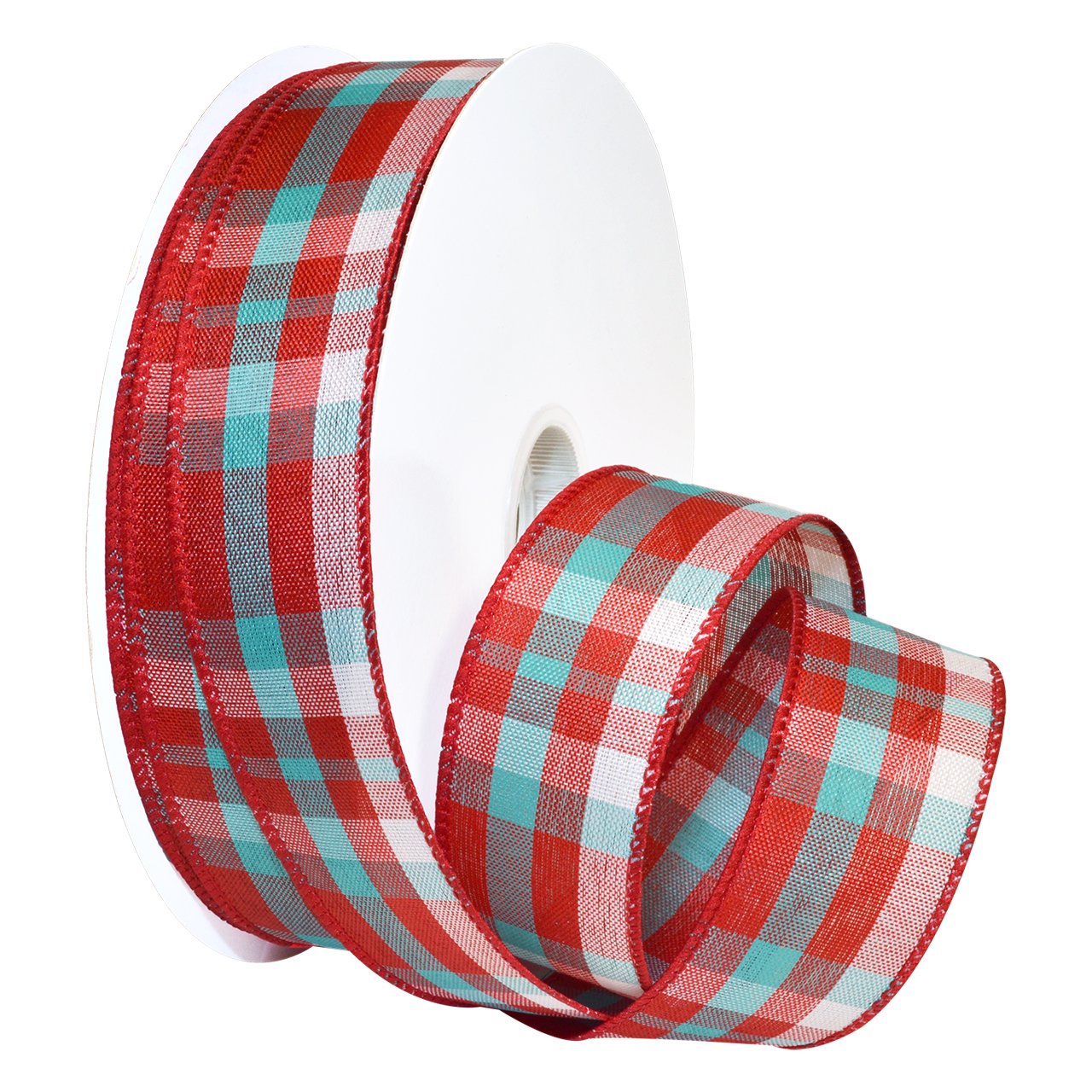 Morex Ribbon 7380 - 1.5 Inch x 50 Yard Colorful Plaid Ribbon for Gift Wrapping, Crafts & DIY Projects - Red, White & Aqua Checkered Design - Perfect for Holiday Decorations, Scrapbooking & Party Favors
