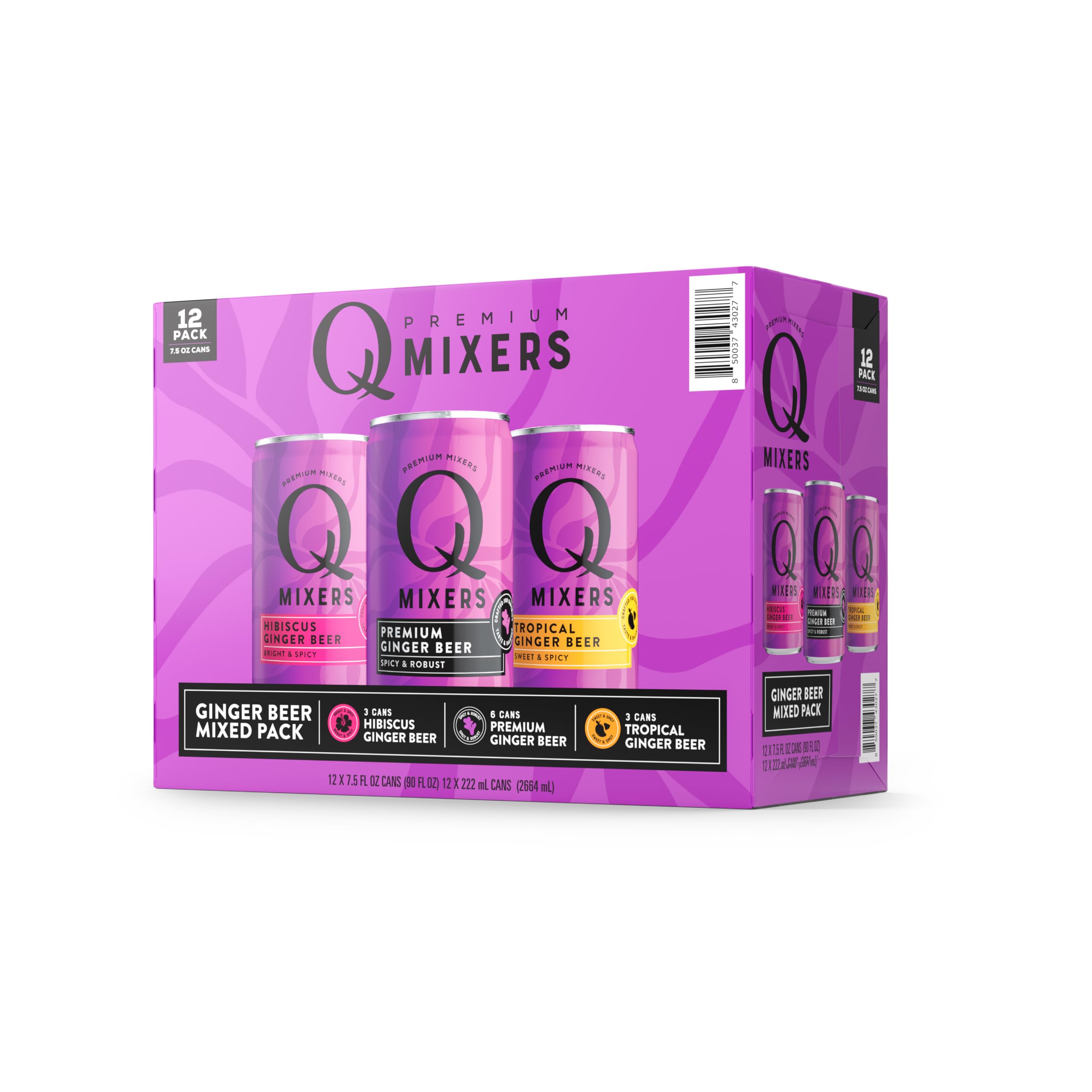 Q Ginger Beer Variety Pack - 12 Cans (7.5 Fl Oz) | Q Original, Tropical & Hibiscus Flavors | All-Natural Ingredients, Perfect Carbonation | Great for Moscow Mule, Dark & Stormy Cocktails & Refreshing Mocktails | Premium Craft Ginger Beer for Parties & Home Bars