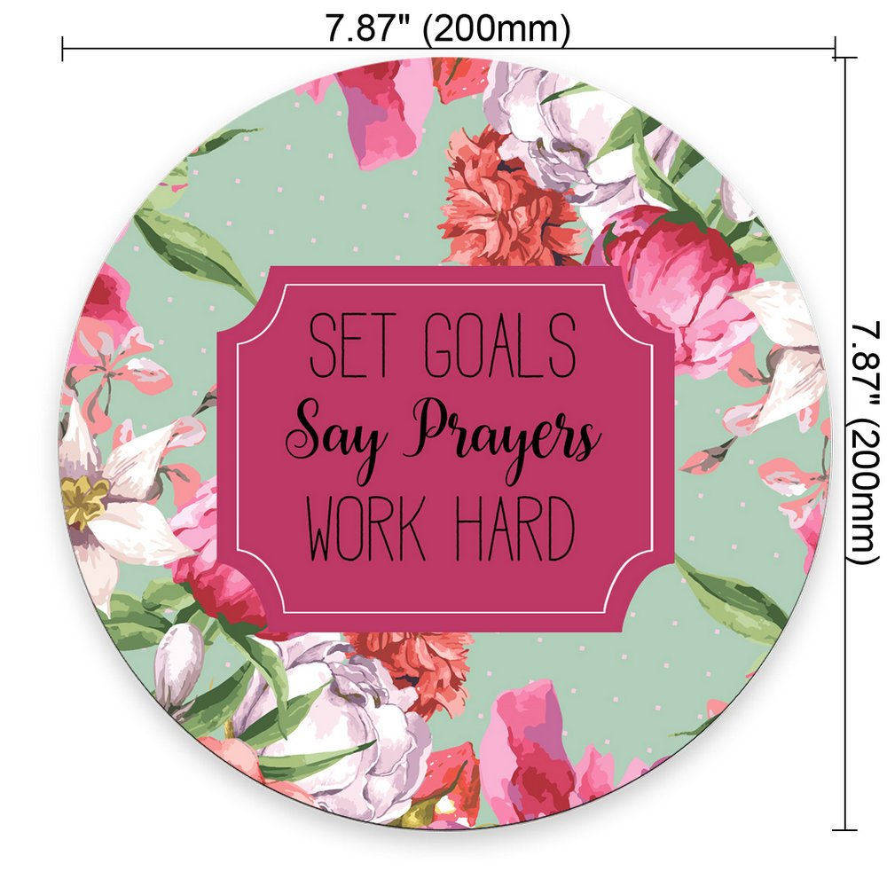 Inspirational Floral Mouse Pad with Motivational Quote - Set Goals Say Prayers Work Hard - Premium Neoprene Round Desk Mat for Office, Home, Gaming & Workstation