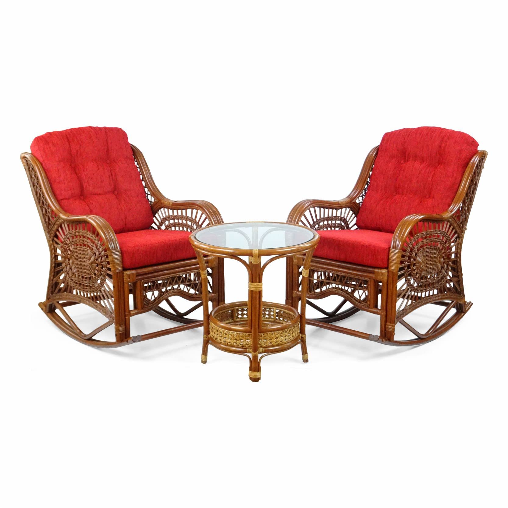 Malibu Rocking Handmade Lounge Chair - Eco-Friendly Natural Wicker Rattan with Red Cushion - Indoor Use Only - Perfect for Living Room, Sunroom or Patio Relaxation