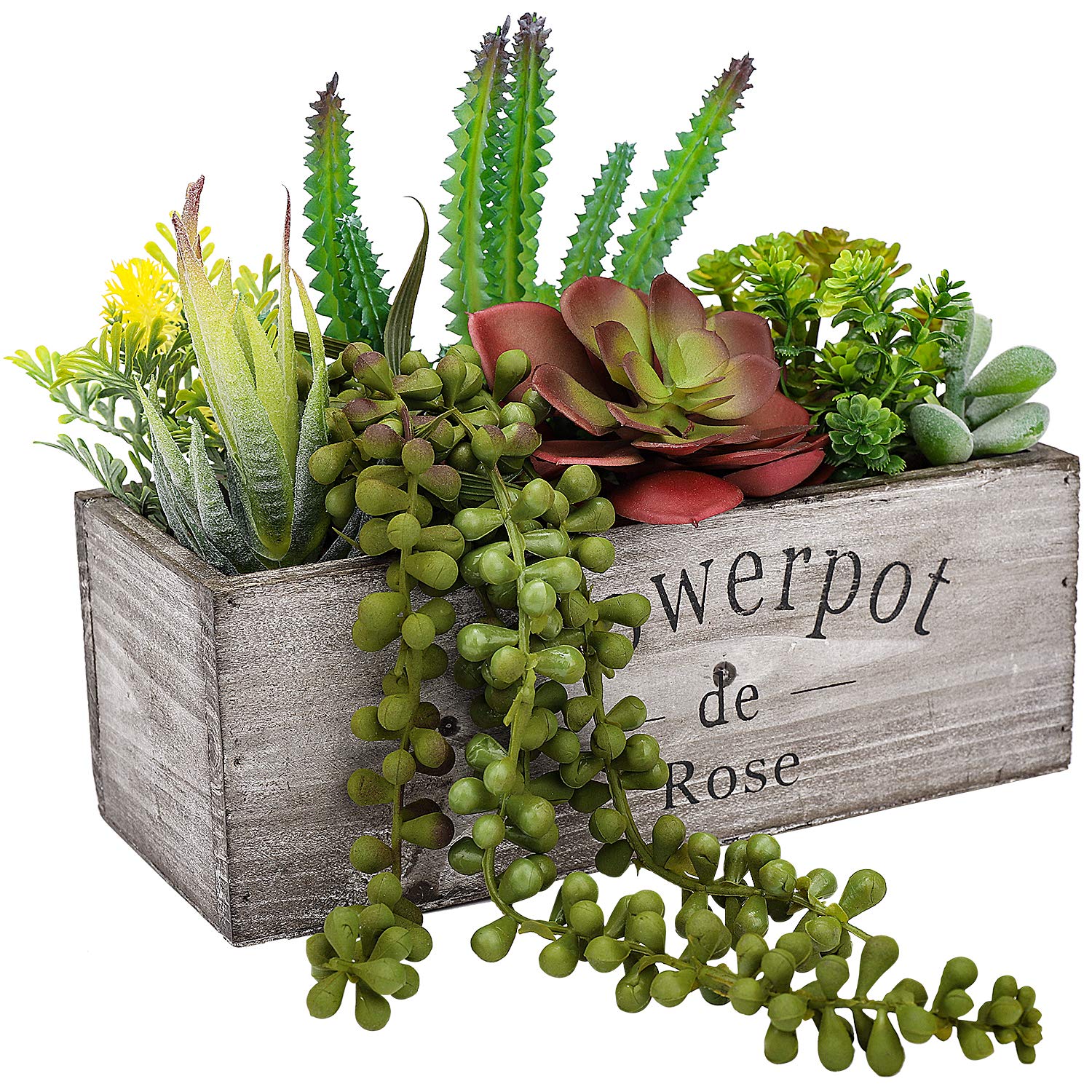 Artificial Succulent Plants in Wooden Pot - Fake Potted Succulents for Home, Office & Bathroom Decor - Low Maintenance Indoor Houseplants for Desk, Shelf & Tabletop Decorations