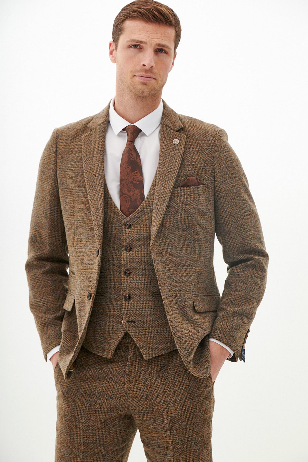 KRIS Tan Tweed Three Piece Suit for Men - Premium Wool Blend Formal Business Suit Set - Perfect for Office, Weddings & Special Occasions