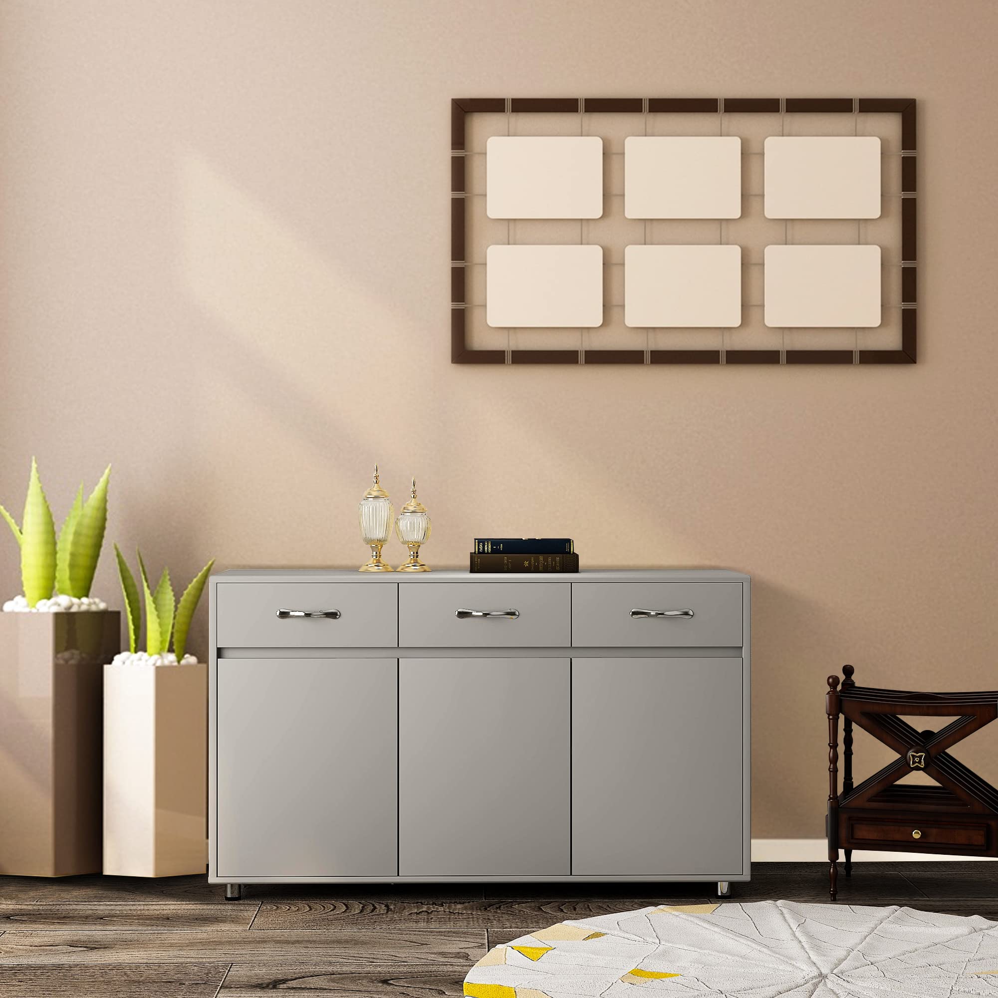 Minimalist 3-Door Side Table with Modern Design - Grey Accent for Living Room, Bedroom & Entryway Storage