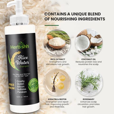 Herbishh Chestnut Brown Hair Color Shampoo & Rice Water Shampoo for Hair Growth - Natural Hair Dye & Volumizing Treatment for Women & Men - At-Home Salon Results for Dry, Damaged & Gray Hair Care