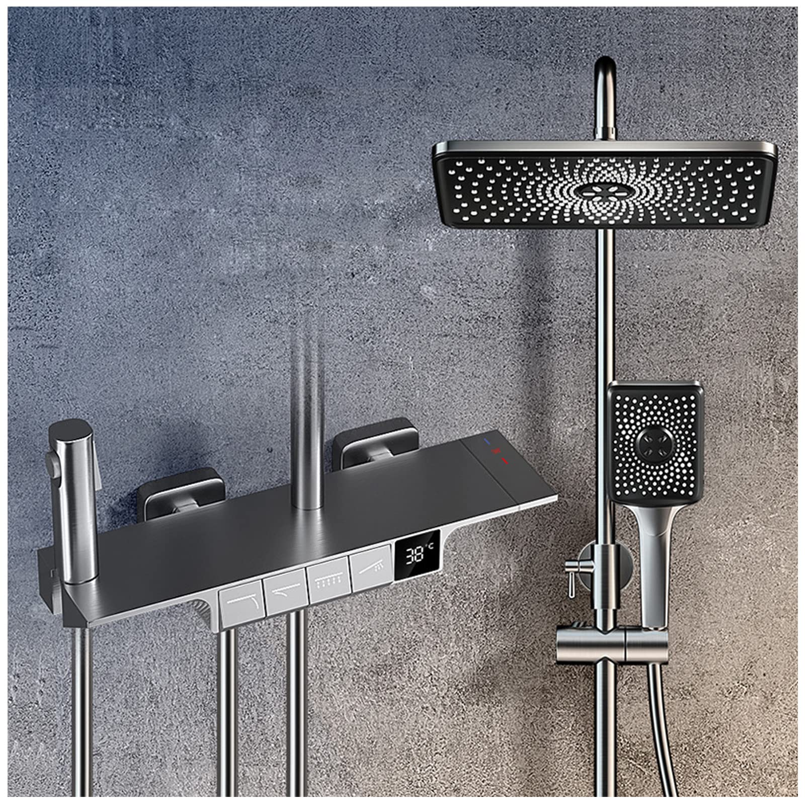 Thermostatic Shower System - Wall Mount Exposed Shower Faucet Set with Rain Shower Head, Handheld Spray & Bidet Sprayer, Tub Spout & Temperature Display Valve Trim Kit | Perfect for Modern Bathrooms, Spa-Like Showers & Water-Saving Home Upgrades
