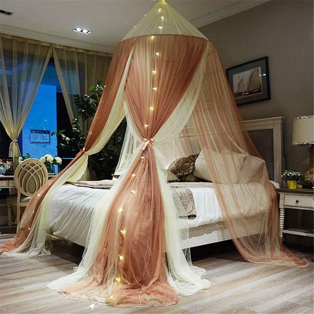 YNAYG Princess Mosquito Net - Contrast Color Bed Canopy with Round Hoop, Double Layer Polyester Sheer Mesh Dome for Twin, Full, Queen & King Size Beds | Perfect for Bedroom Decor, Outdoor Camping & Nursery Protection