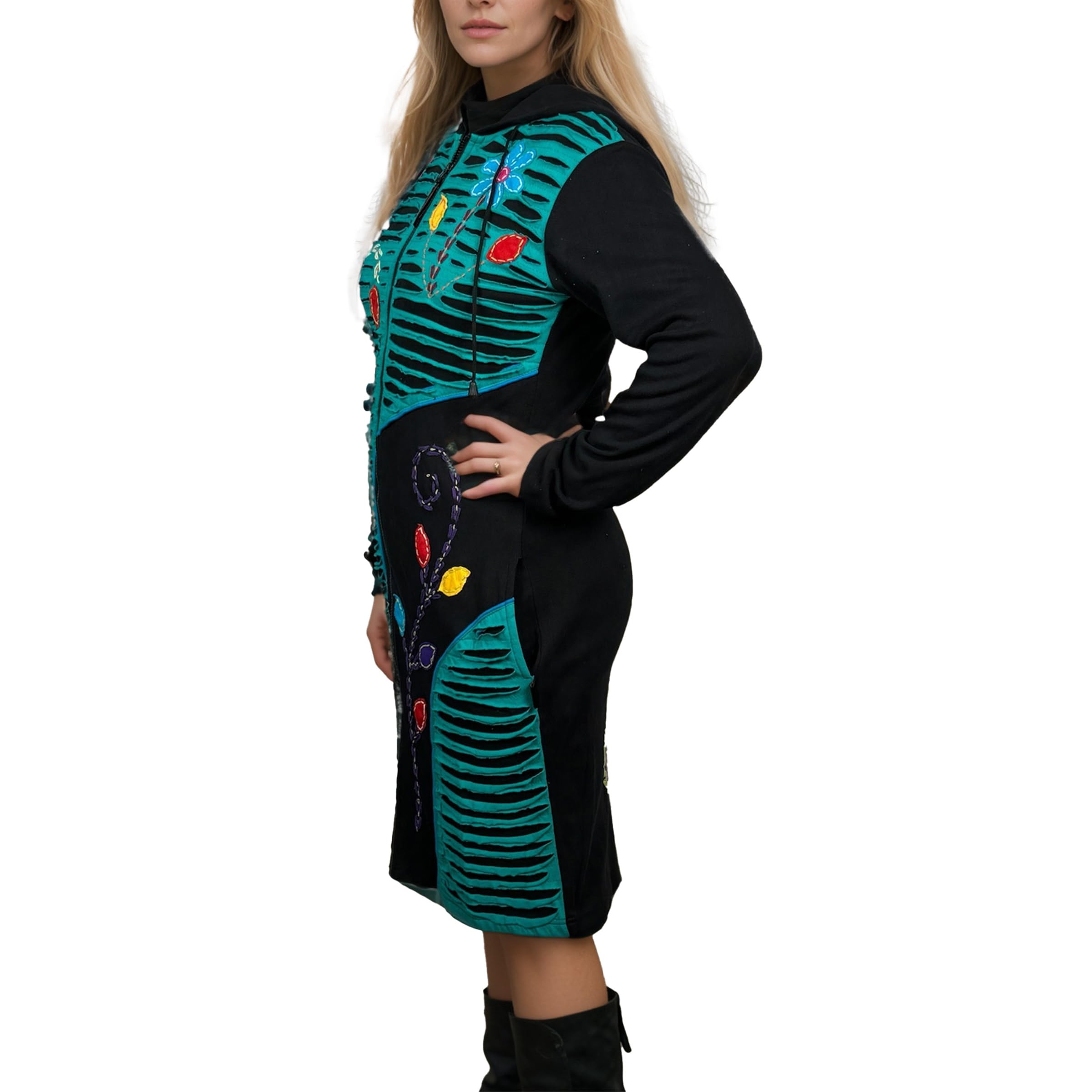 Agan Traders Women's 2025 Spring Bohemian Patchwork Distressed Ribbed Long Coat Jacket - Stylish Outerwear for Casual Wear, Music Festivals & Boho Fashion