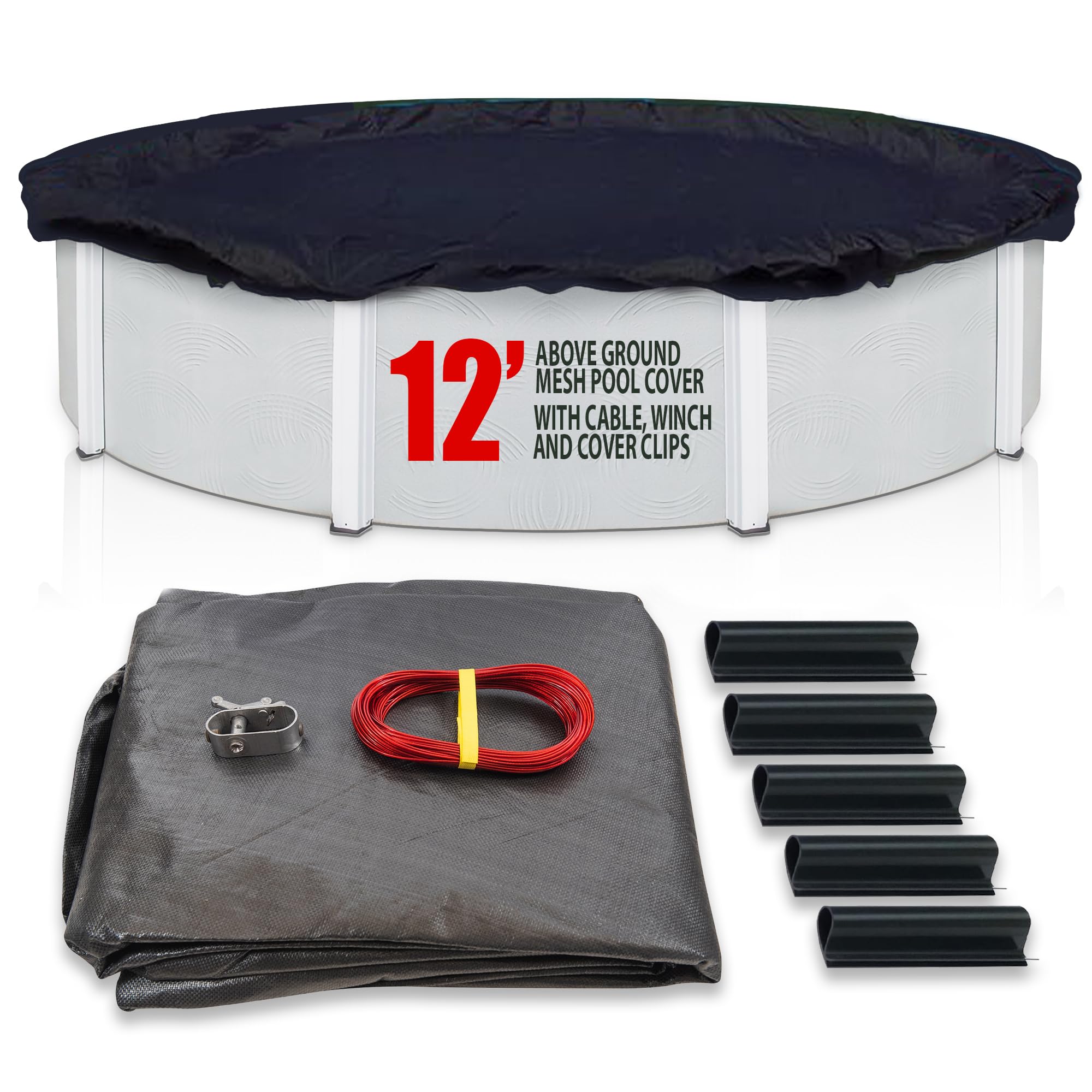 SET SunSolar Energy Technologies - 12 Foot Round Above Ground Winter Pool Cover with Sturdy Cable & Winch - Heavy Duty Mesh Swimming Pool Cover for Winter Protection - Includes Cover Clips & 8-Year Warranty - Perfect for Inground/Above Ground Pools, Seasonal Pool Storage & Winterization