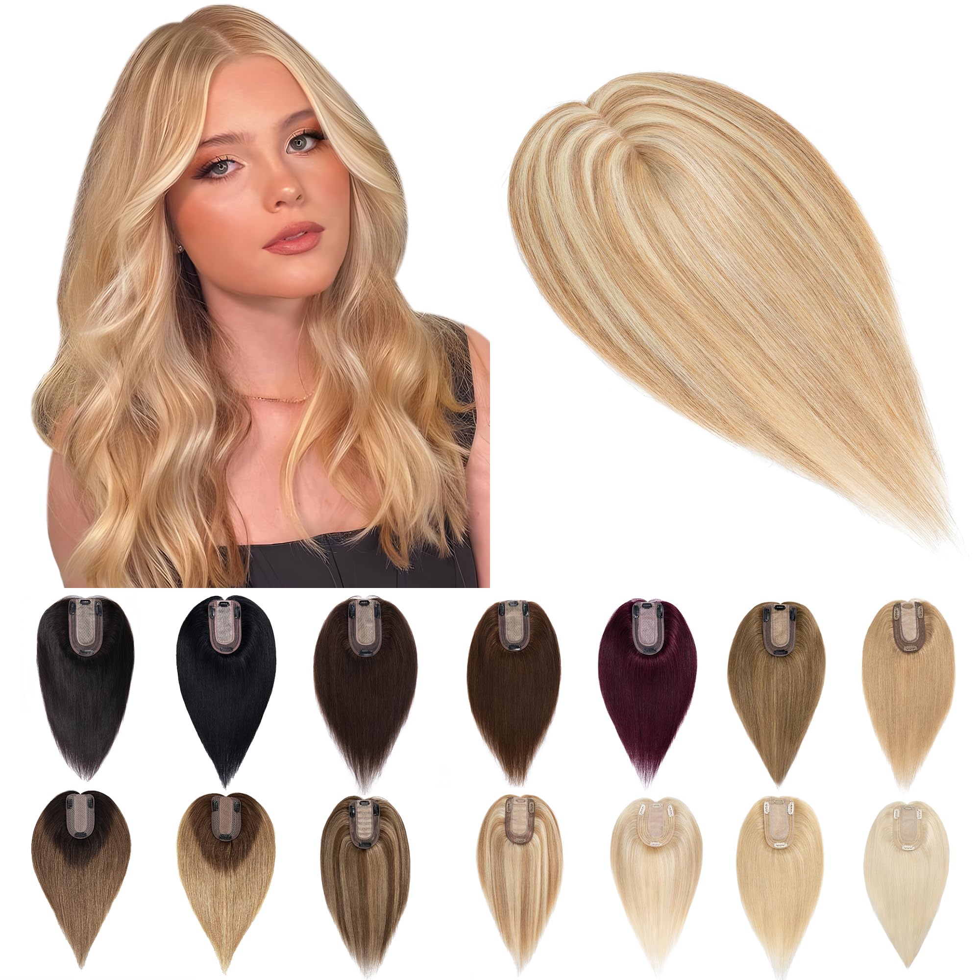 SEGO 100% Real Human Hair Toppers for Women with Thinning Hair - 7x13cm Silk Base Clip-in Top Wiglet, 14 Inch No Bangs (Golden Brown & Bleach Blonde) - Perfect for Daily Wear, Parties & Special Occasions
